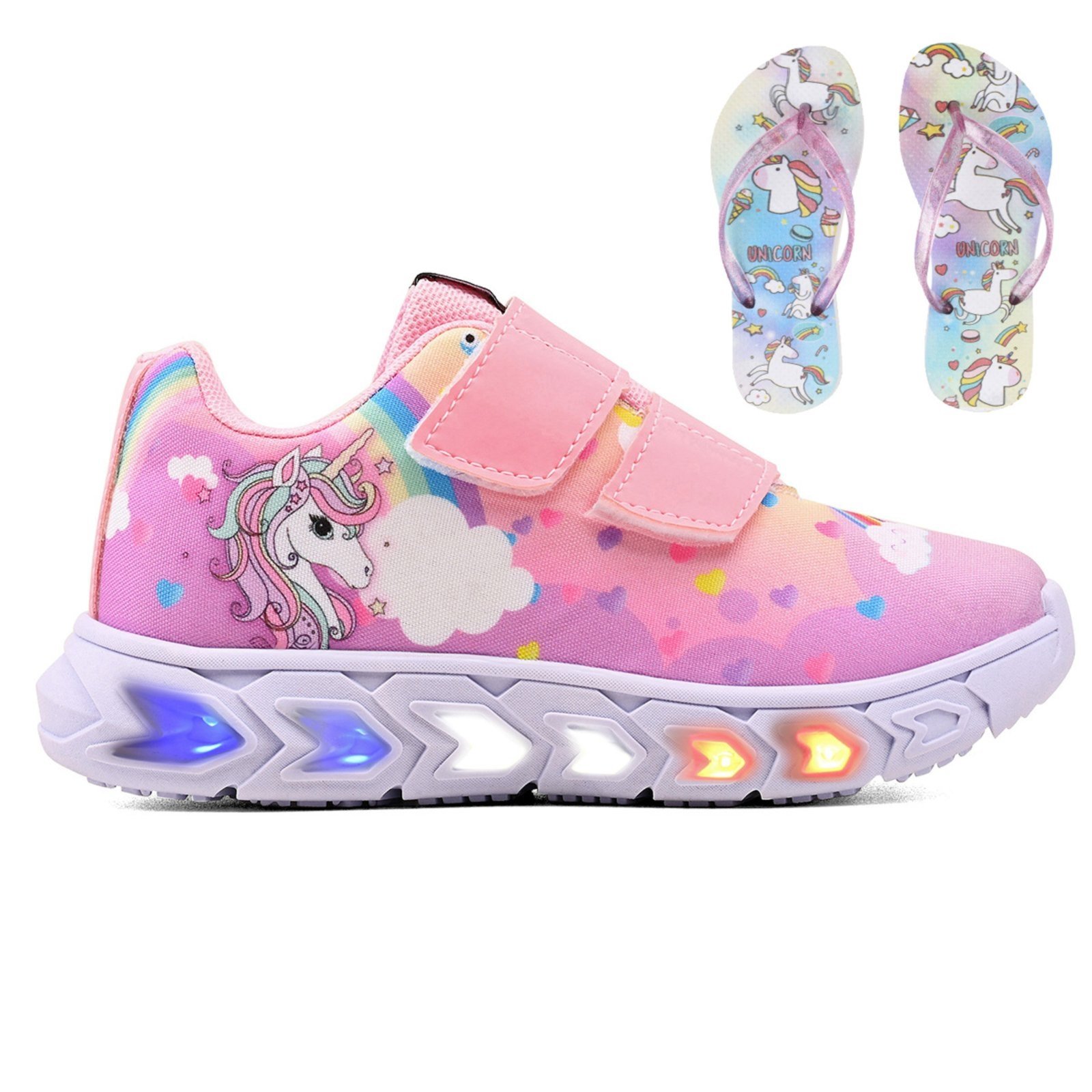 Infantil – Tenis de Led Meninas Casual Escolar Unicornio Rosa + Chinelo