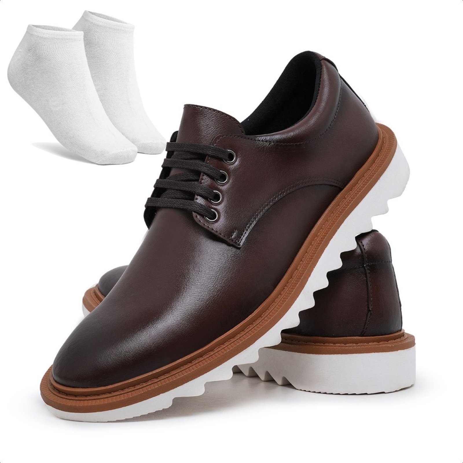 Kit Sapato Social Masculino Derby Casual Solado Tratorado com Meia Marrom