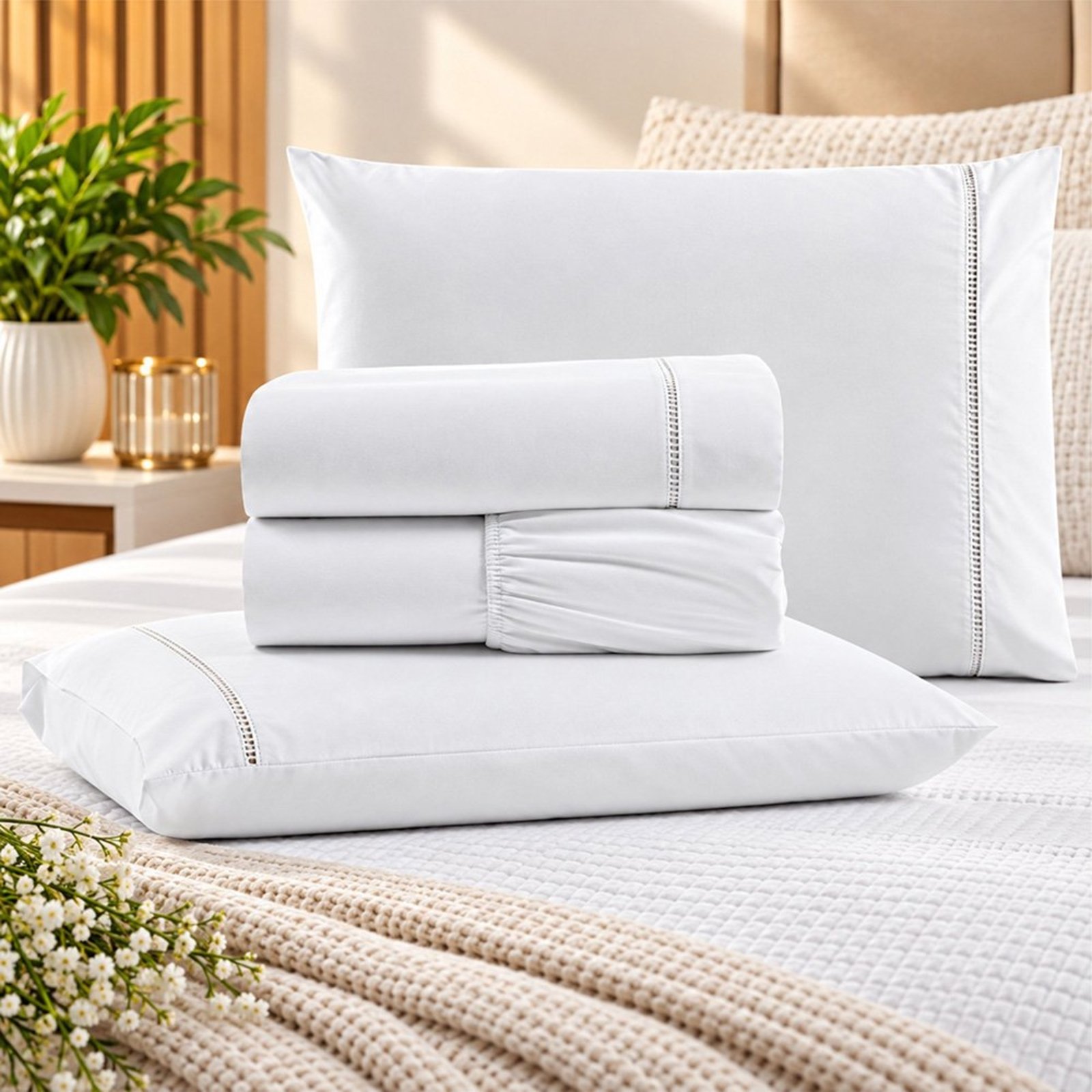 Jogo de Cama Lençol Casal Pluma Percal 180 Fios 4 Peças 100% Algodão - Branco