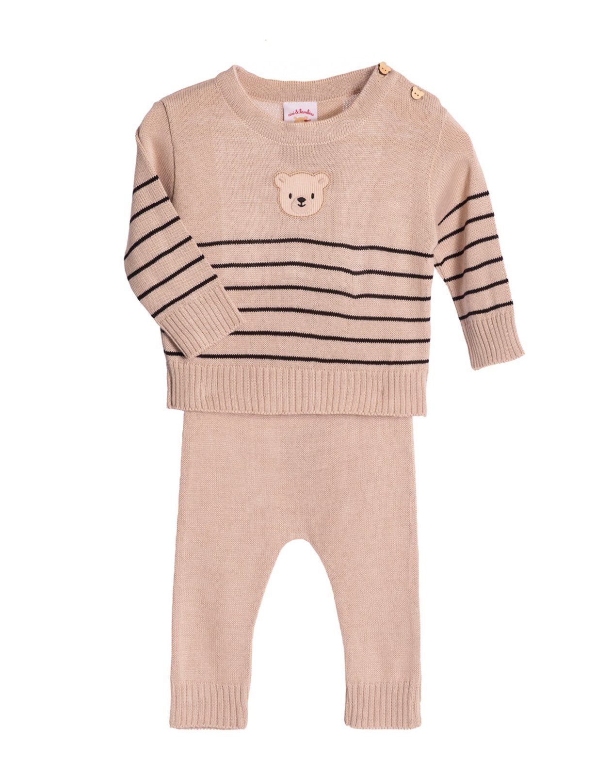Infantil - Conj. suéter listrado + calça tricô bege