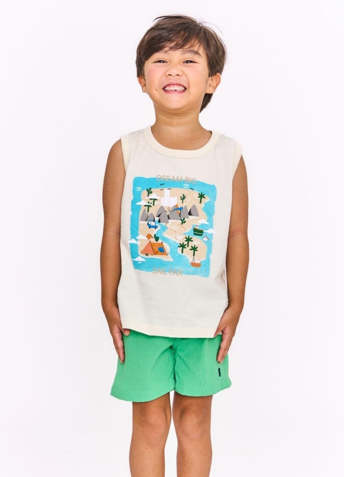Infantil - Regata Menino Estampado Aventura Verão Ilha Caiaque Branco
