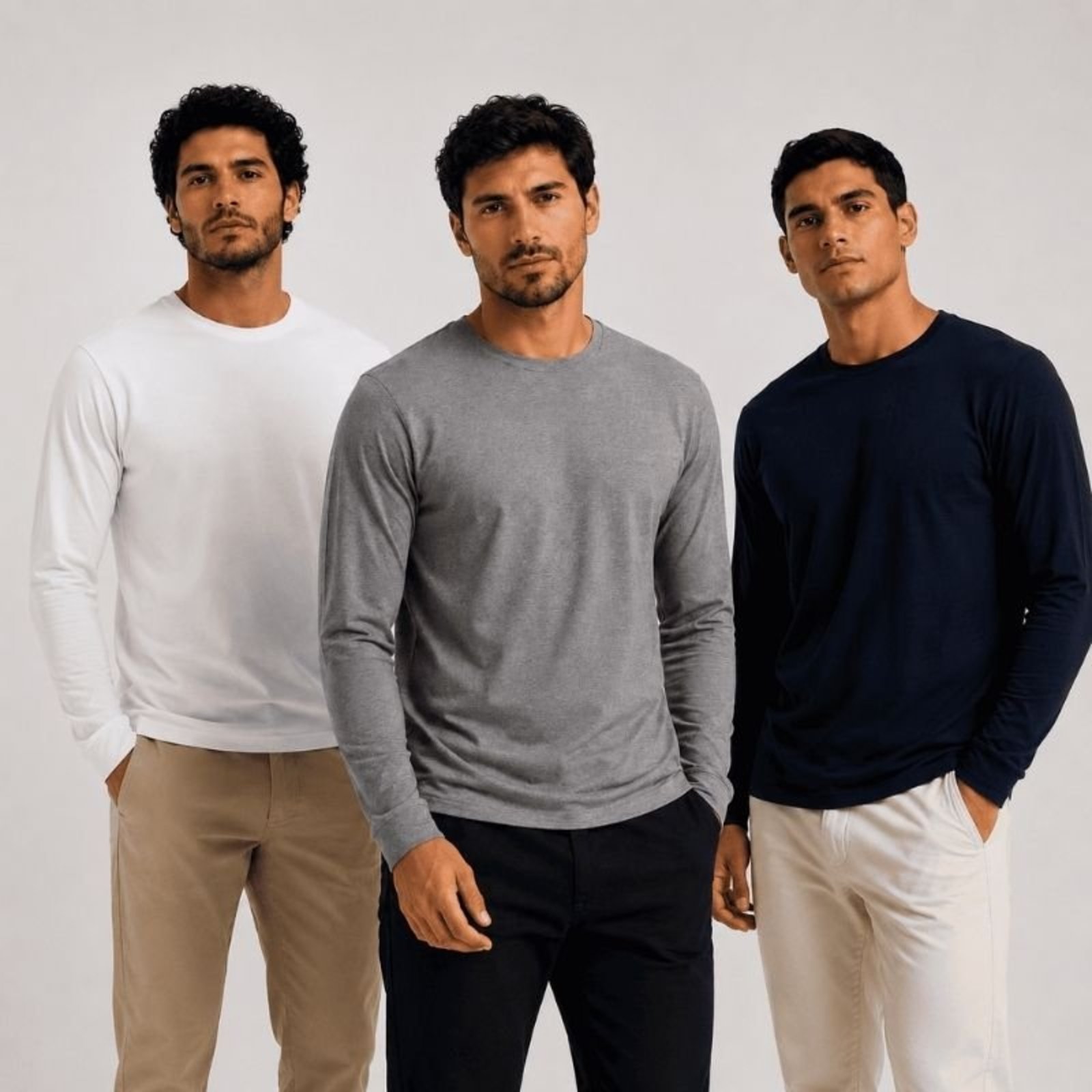Kit 3 Camisetas Básicas Masculinas Casual Manga Longa - Branco - Cinza - Marinho