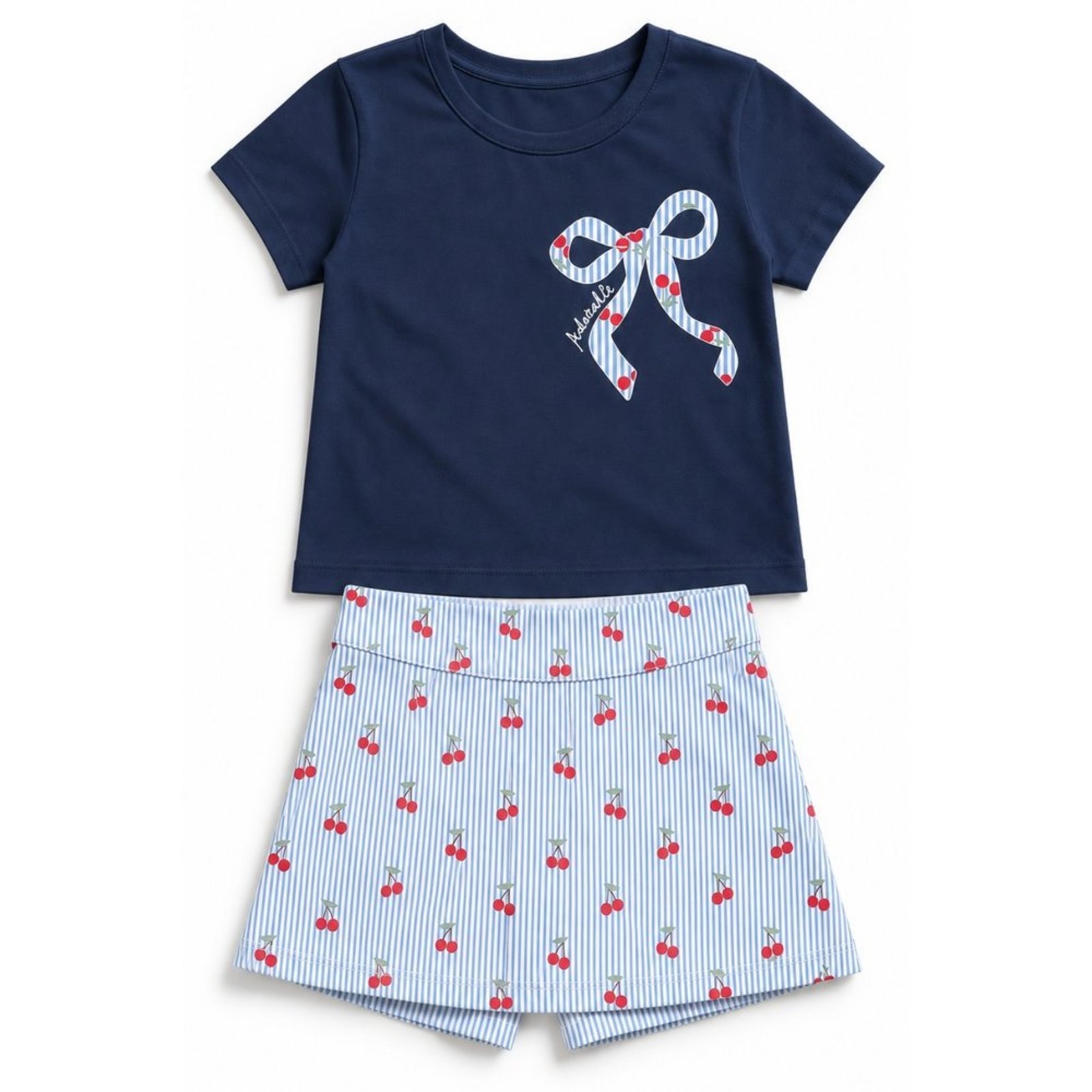 Infantil - Conjunto Menina Blusa Meia Malha Penteada Shorts Saia Cotton Moletinho
