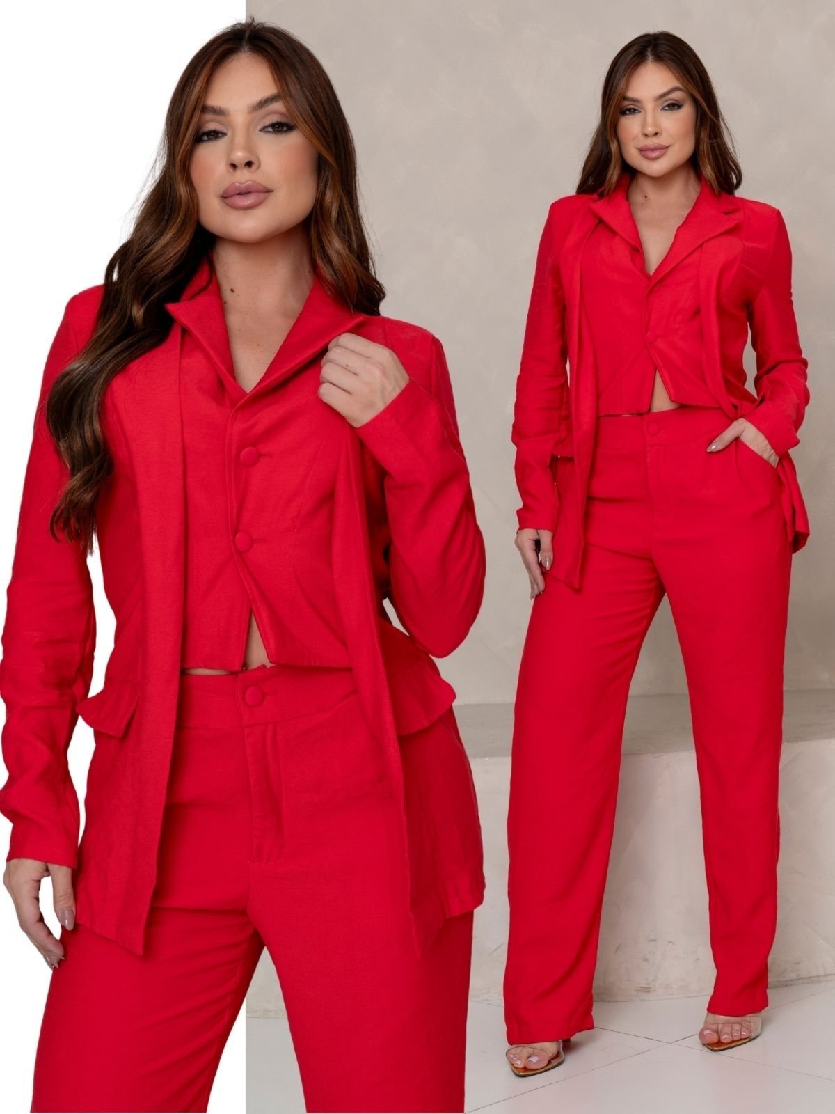 Conjunto Feminino Elegante Blazer Cropped Duplo e Calça Alfaiataria de Cintura Alta Marrant - Vermelho