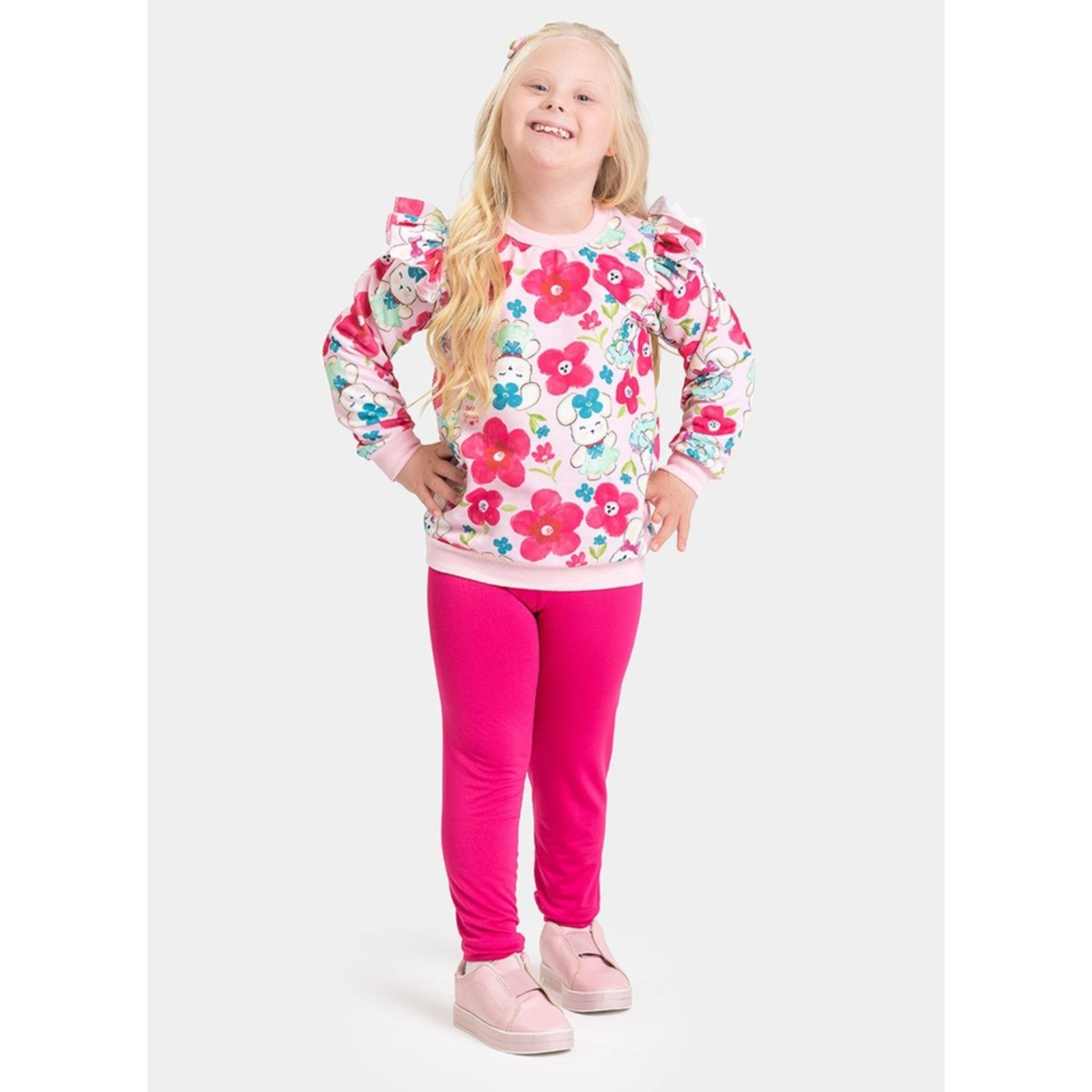 Infantil - Conjunto Inverno Menina Rosa Blusão com Babado e Legging Coelhinhas Floridas