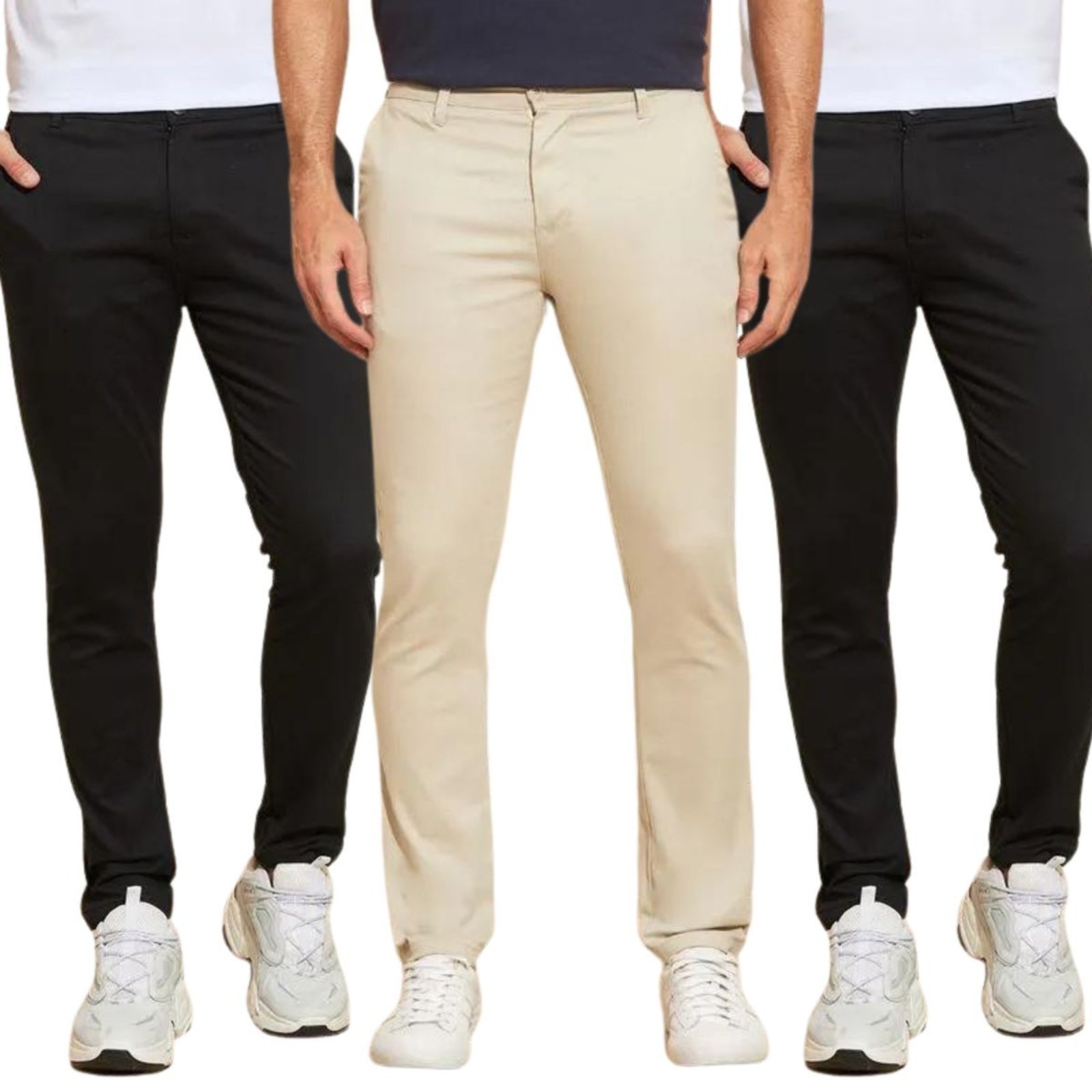 Kit 3 Calças FMF de Sarja Chino Com Bolso Traseiro Embutido Alfaiataria Skinny