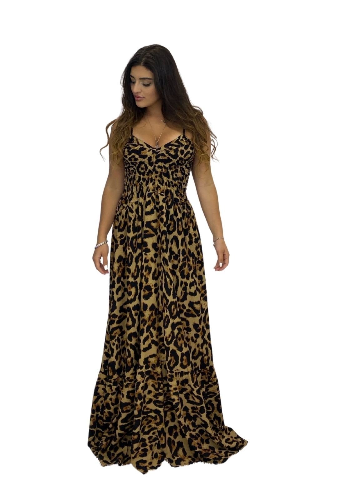 Vestido de Verão Longo Lastéx Animal Print Onça