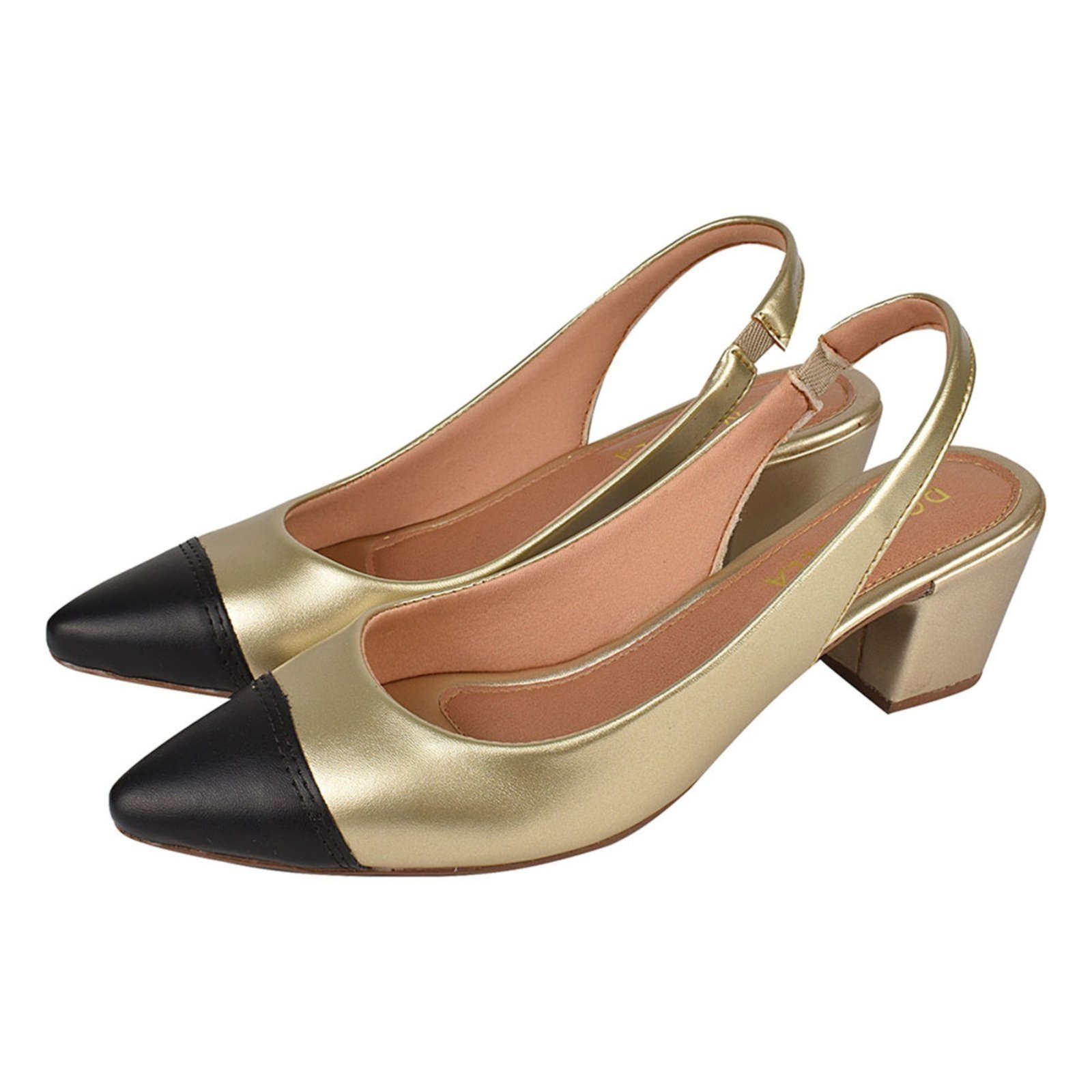 Sapato Scarpin Sandália CM Calçados Bico Fino Aberto Confort Bicolor Ouro Light