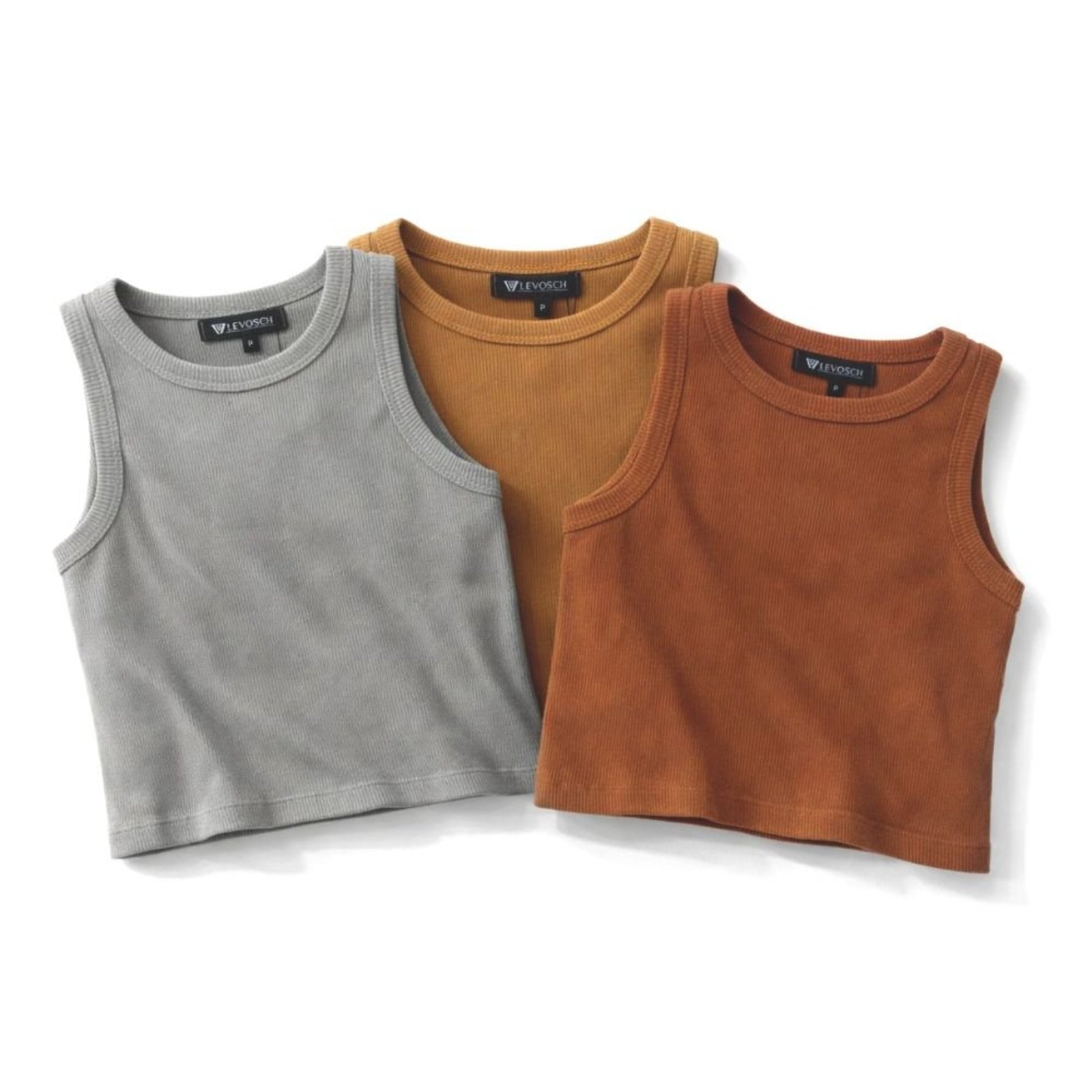 Kit 3 Blusas Feminina 77VS Levosch Cropped Ribana Algodão Premium Mostarda/Cinza claro/Caramelo