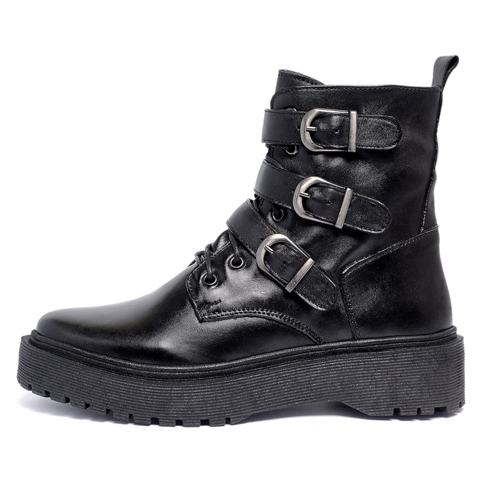 Bota Coturno Feminino Ferrile em Couro Com Fivelas e Ziper Preto Preta