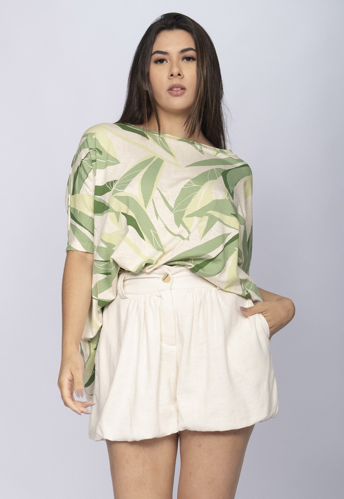 Blusa Cabanafree Ampla Malha Morcego Manga Curta Verde Selvagem