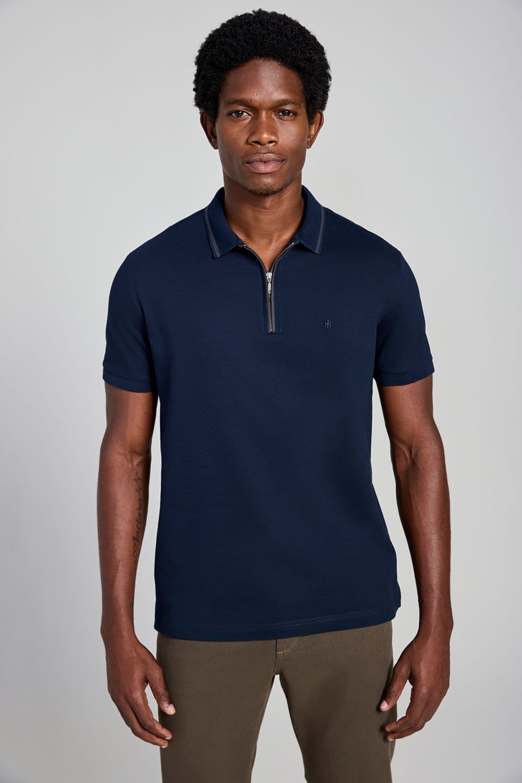 HIGHSTIL Camisa Polo com Zíper Jacquard Slim Fit - Azul Marinho