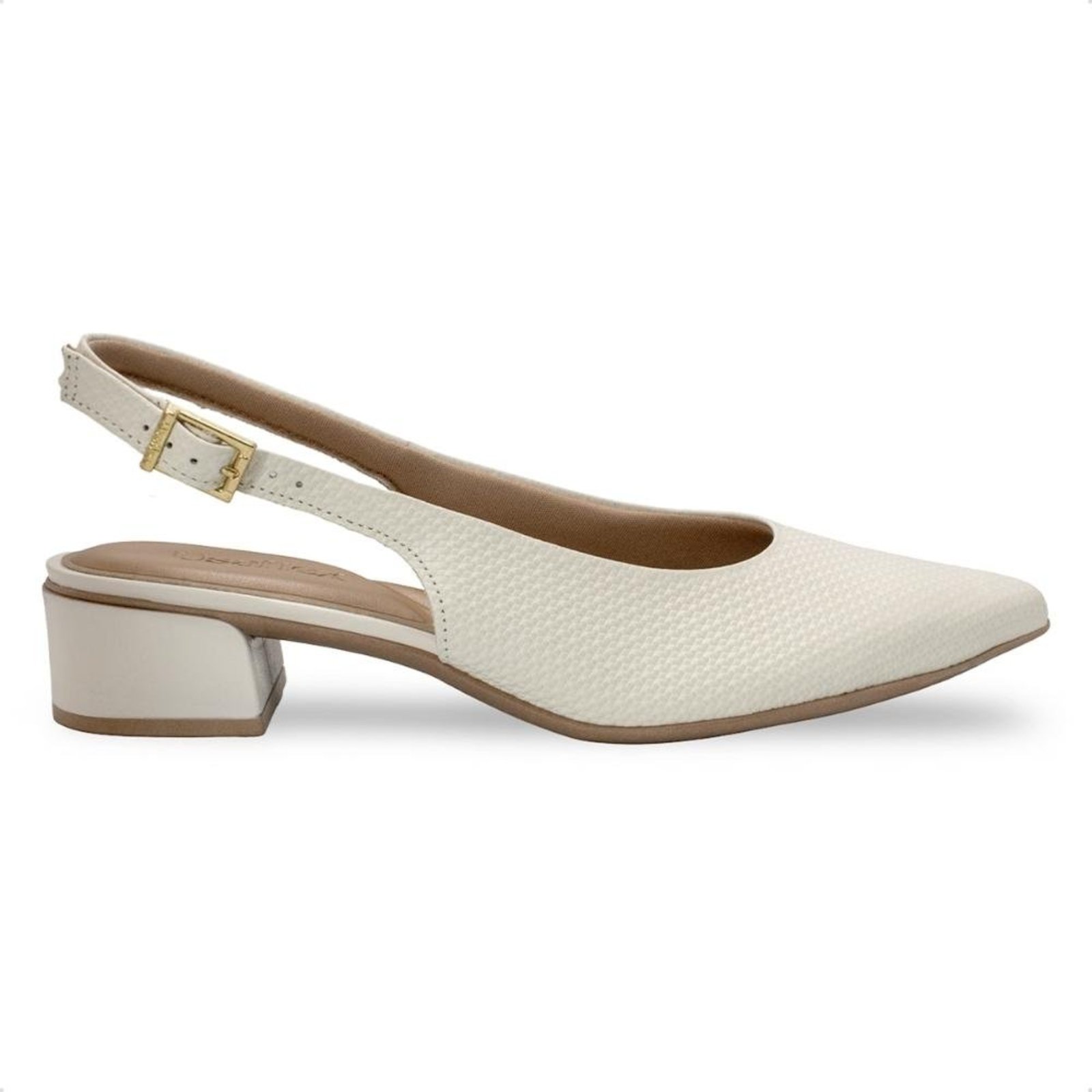 Scarpin Slingback Usaflex Feminino Salto Bloco Couro Bico Fino Casual UD27001 Off-white