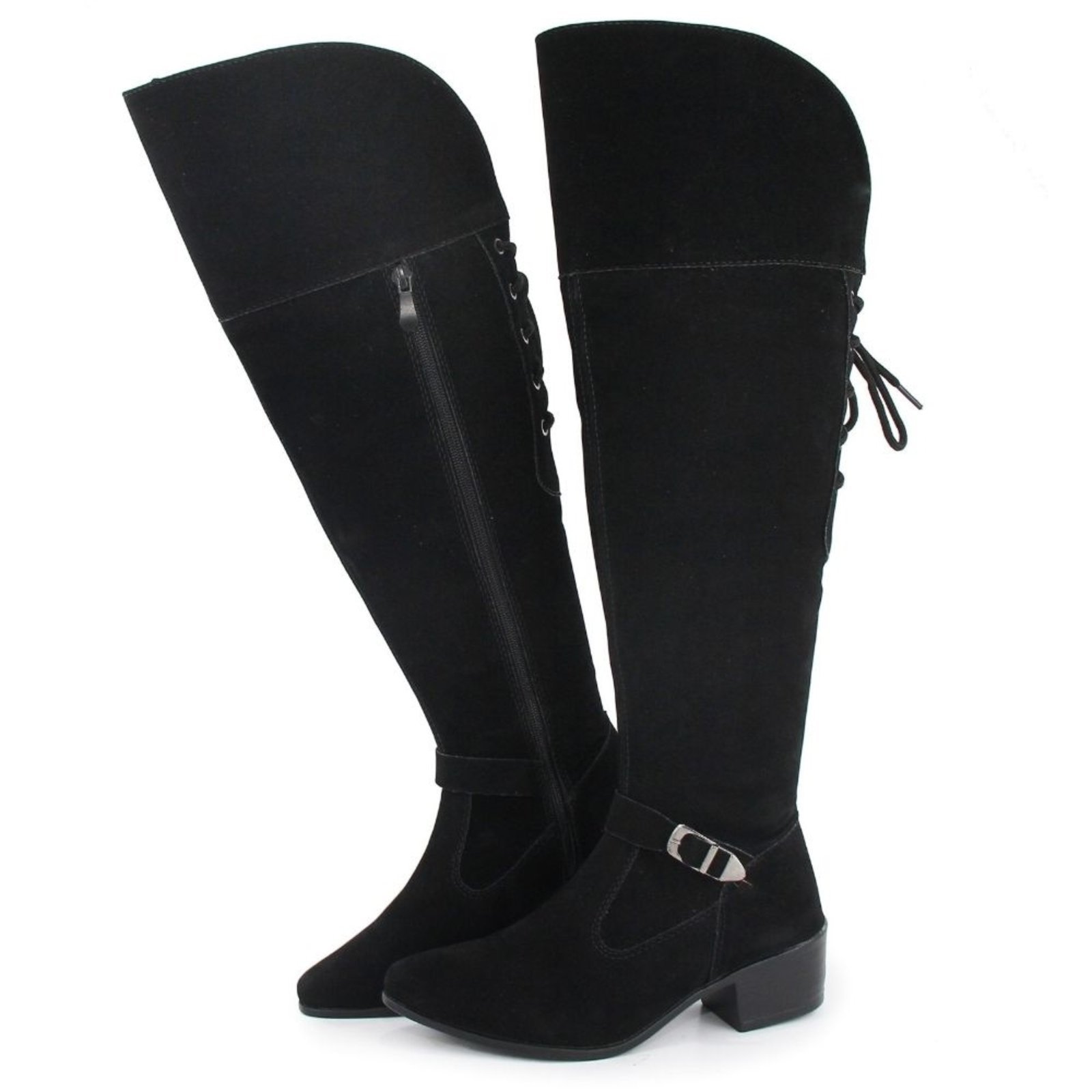 Vista 2 Bota Feminina Cano Alto Over Montaria Bico Fino Camurça Preta Bia Ramos preto Bia Ramos preto