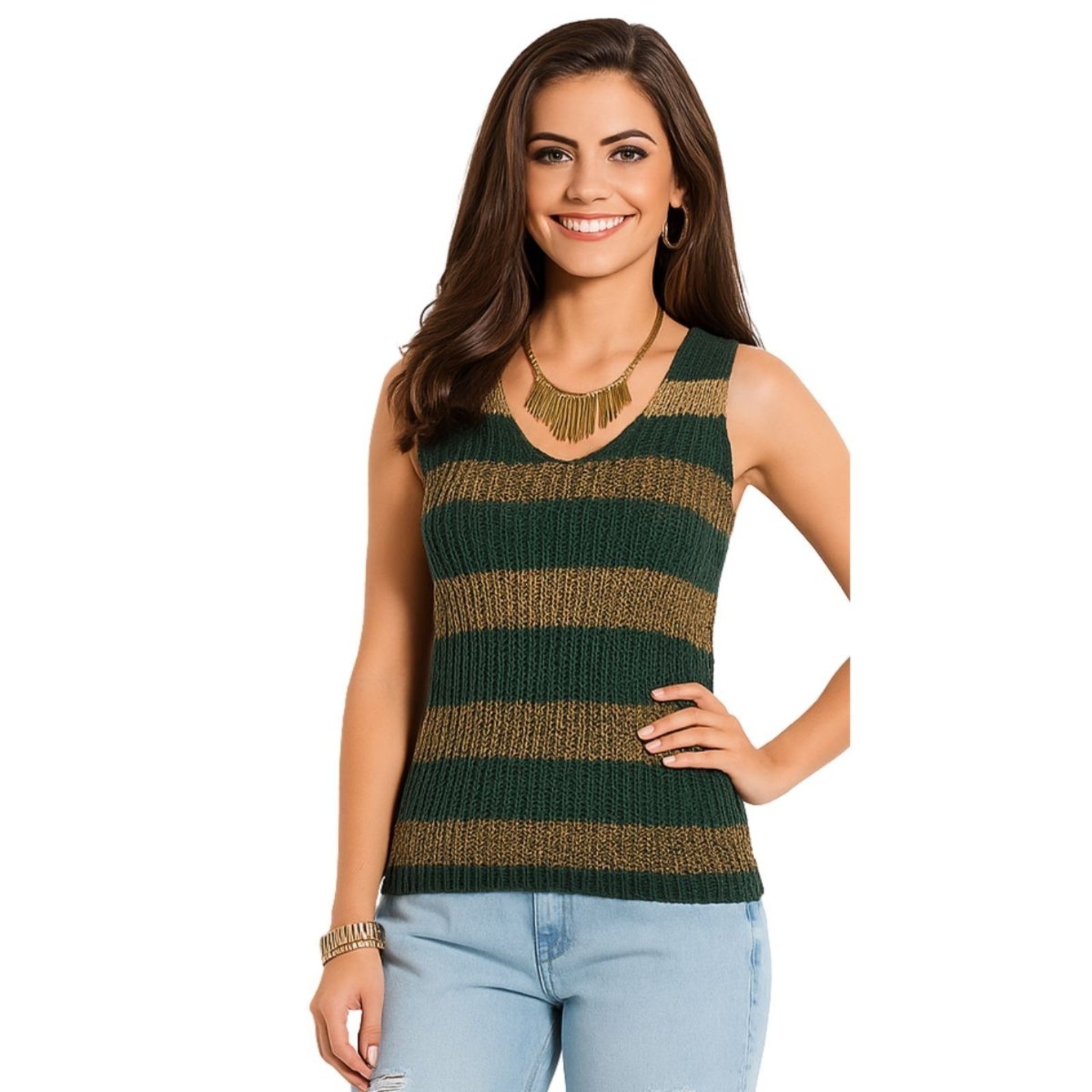 Regata Listrada FMF em Tricô Feminina Moda Casual Estilo e Conforto Verde