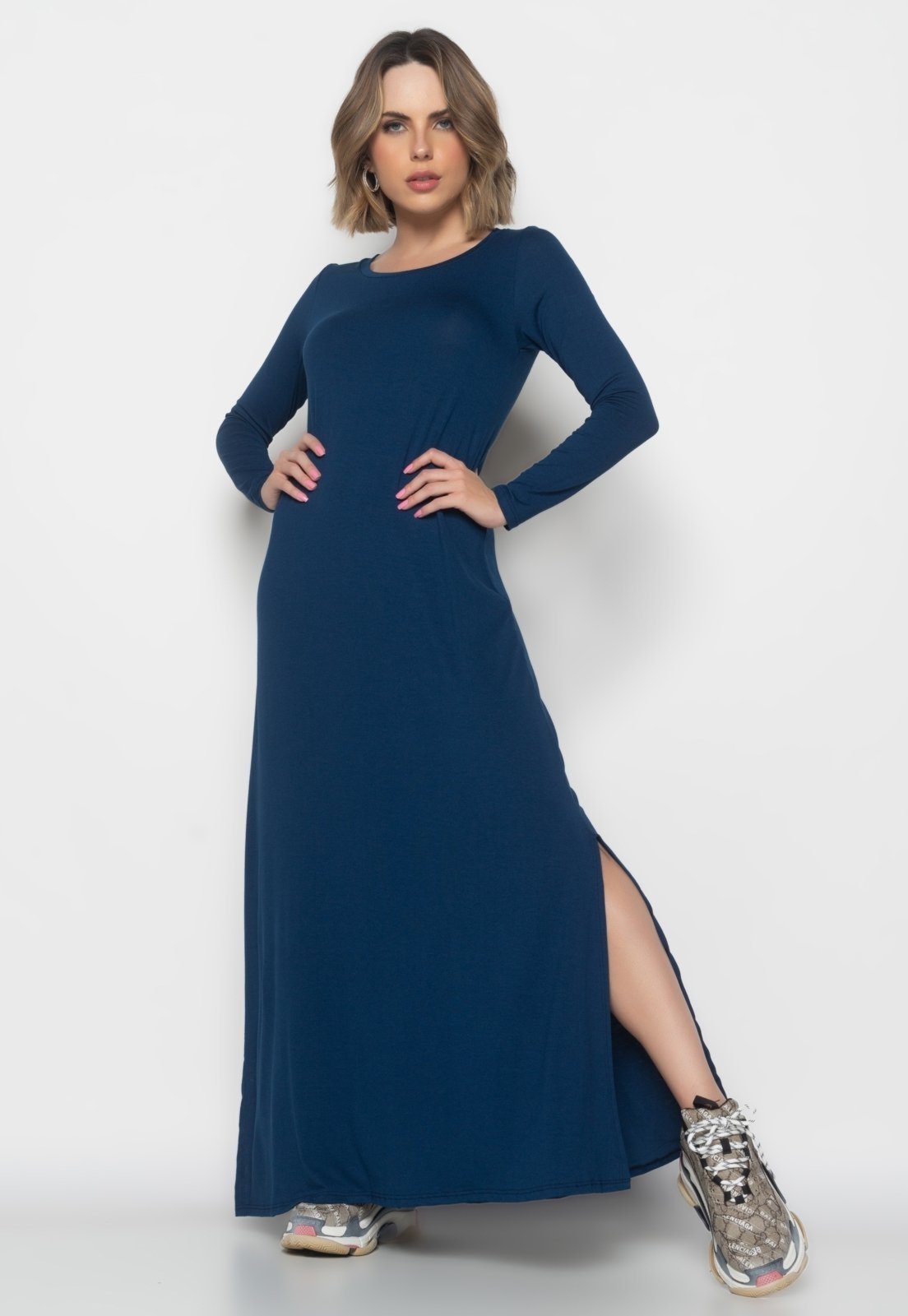 Vestido Longo Manga Longa Malha Salvatore Fashion Azul Marinho