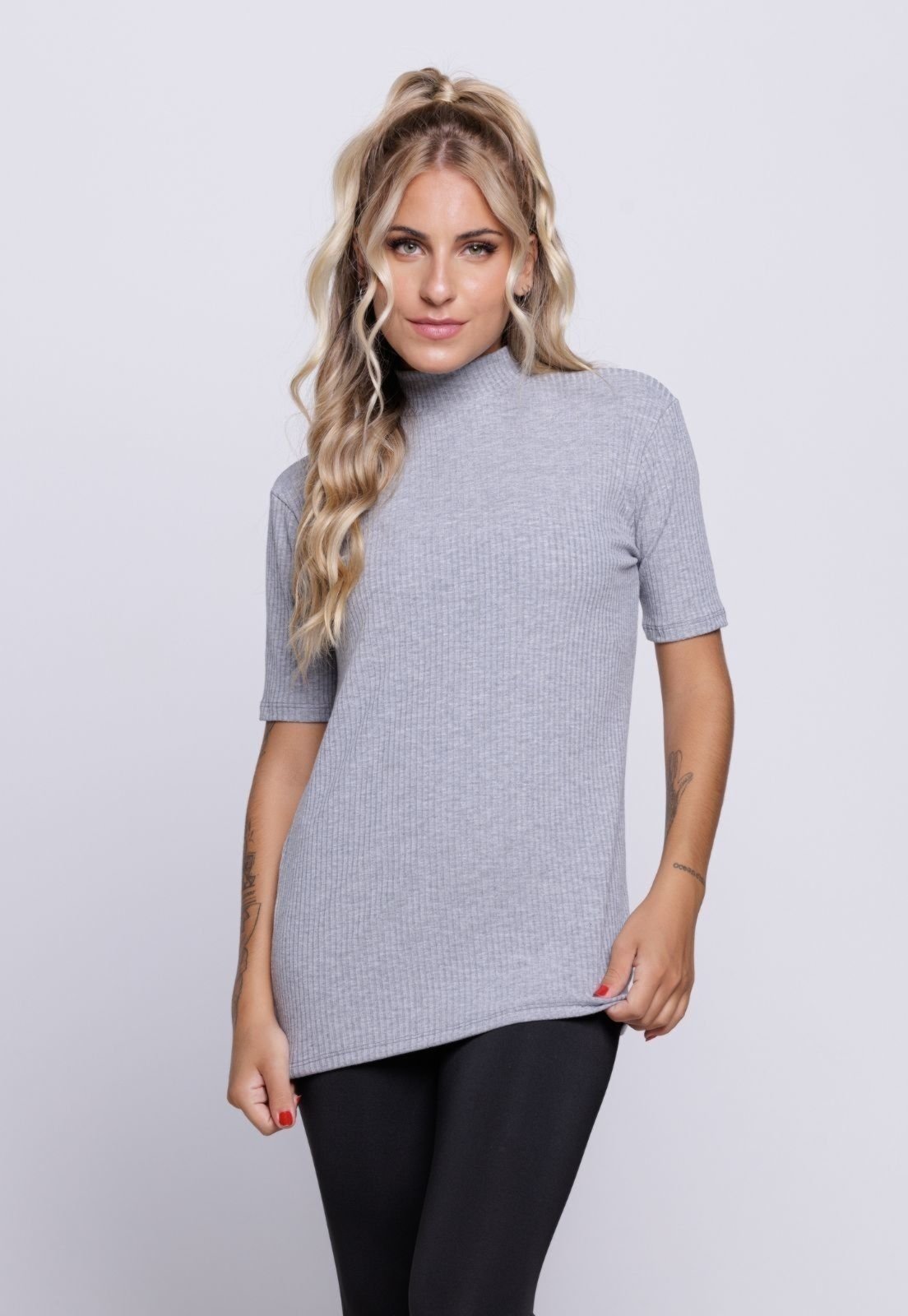 Blusa Canelada WLS Modas Manga Curta Gola Alta Feminina Casual Cinza