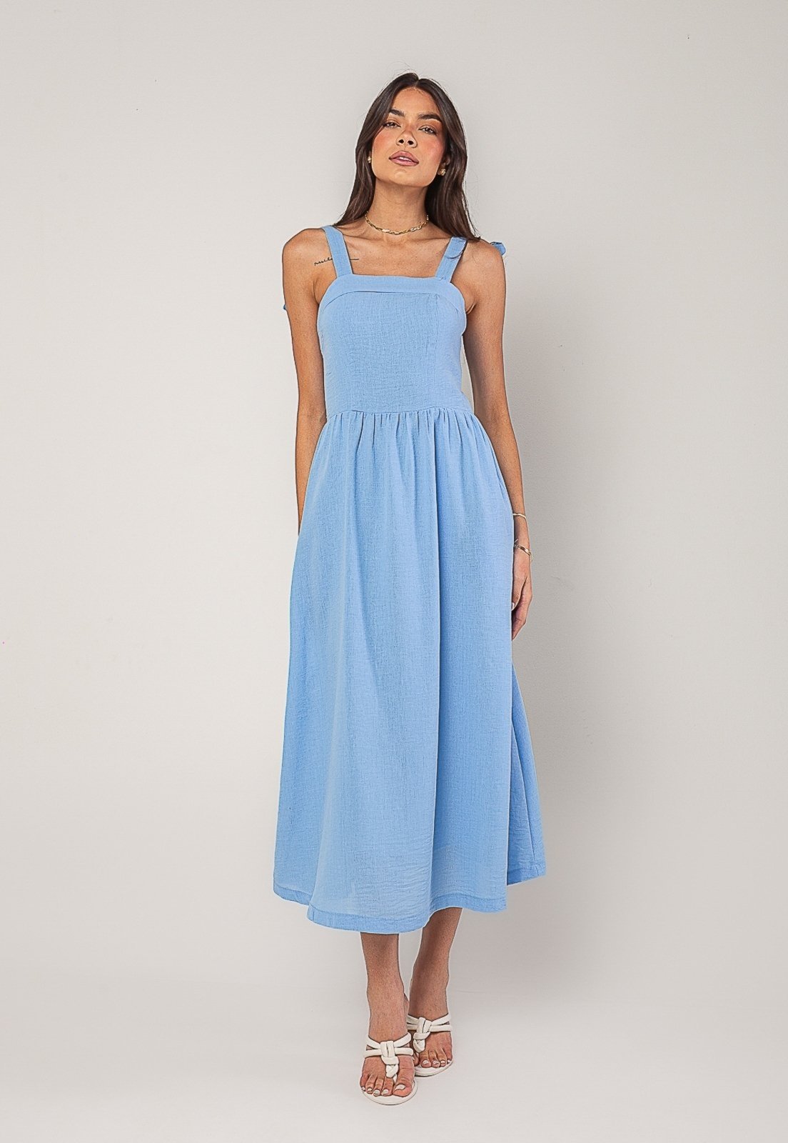 Vestido Alfaiataria Midi Com Alças Largas e Amarração Salvatore Azul