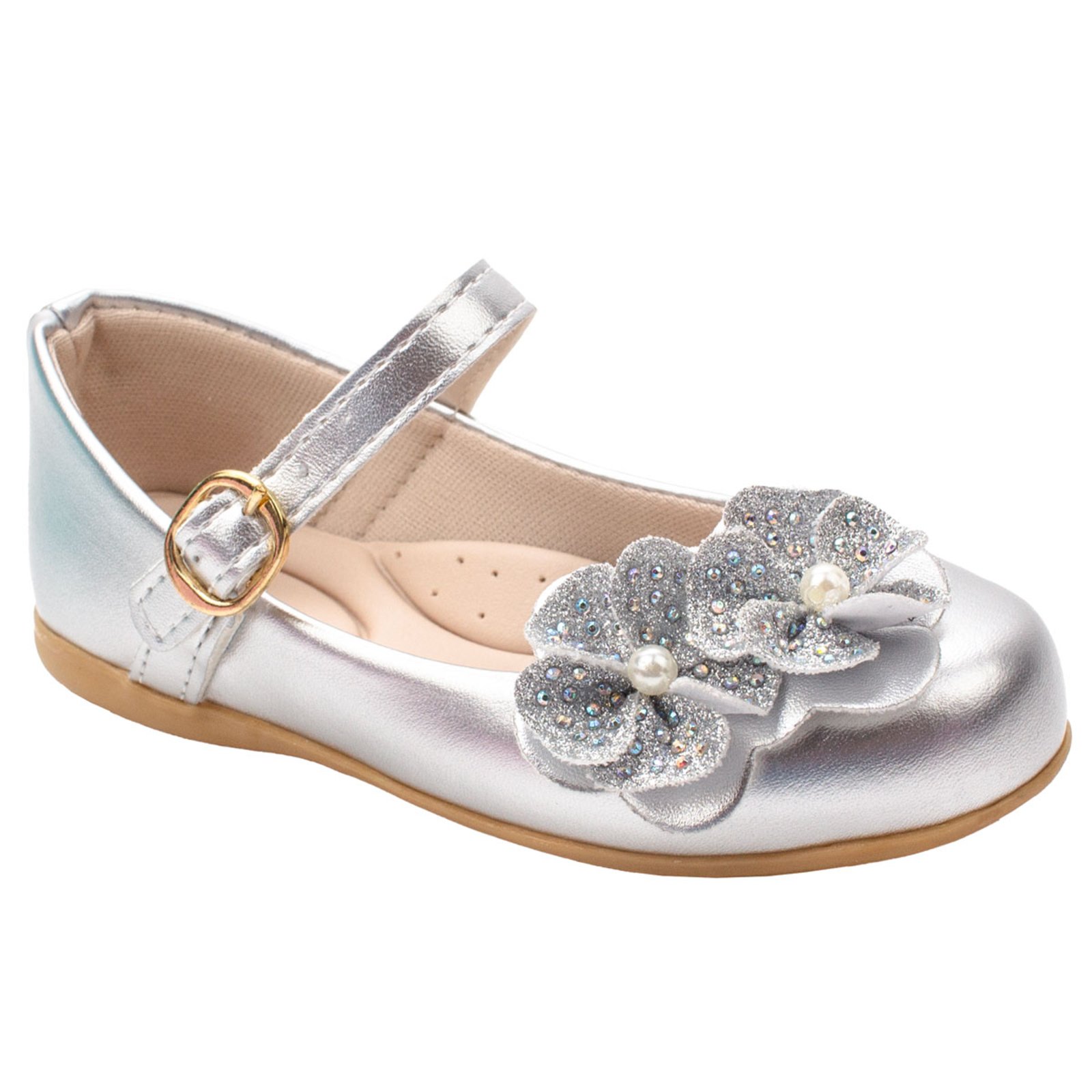 Infantil – Sapatilha Boneca Festa Casual Flor de Glitter e Perolas 2030 – Prata
