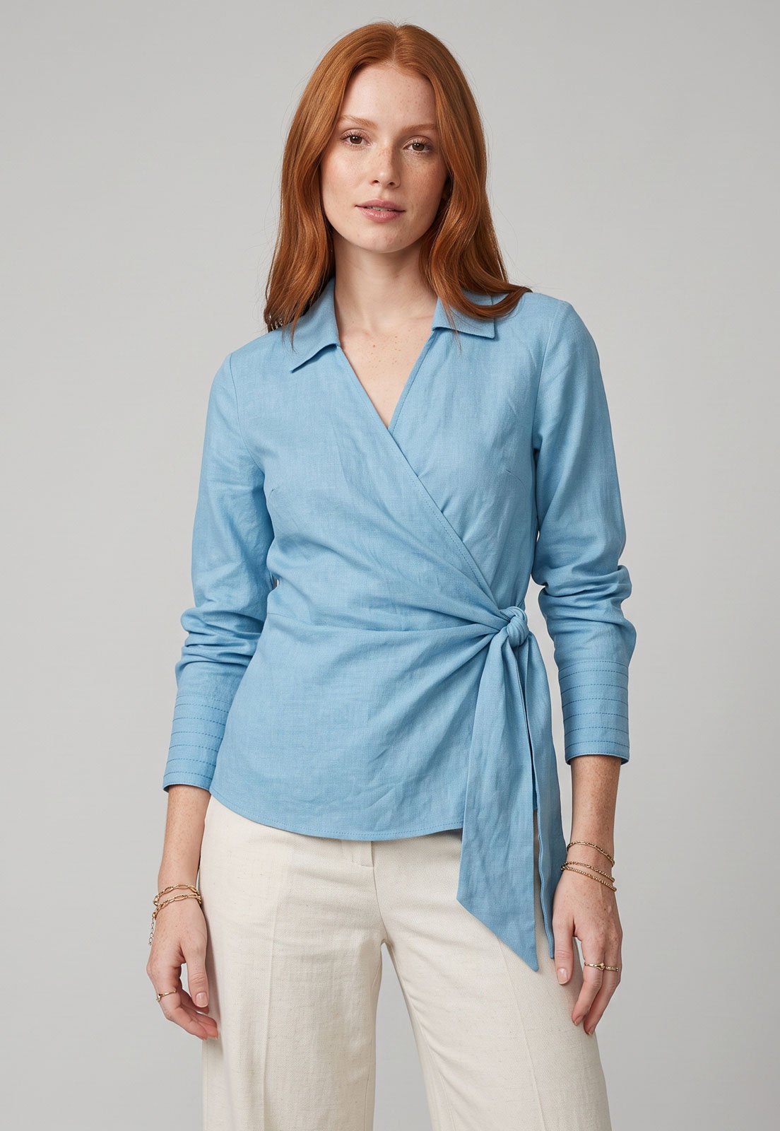 Camisa Feminina Lez a Lez Amarração Linho Azul Claro