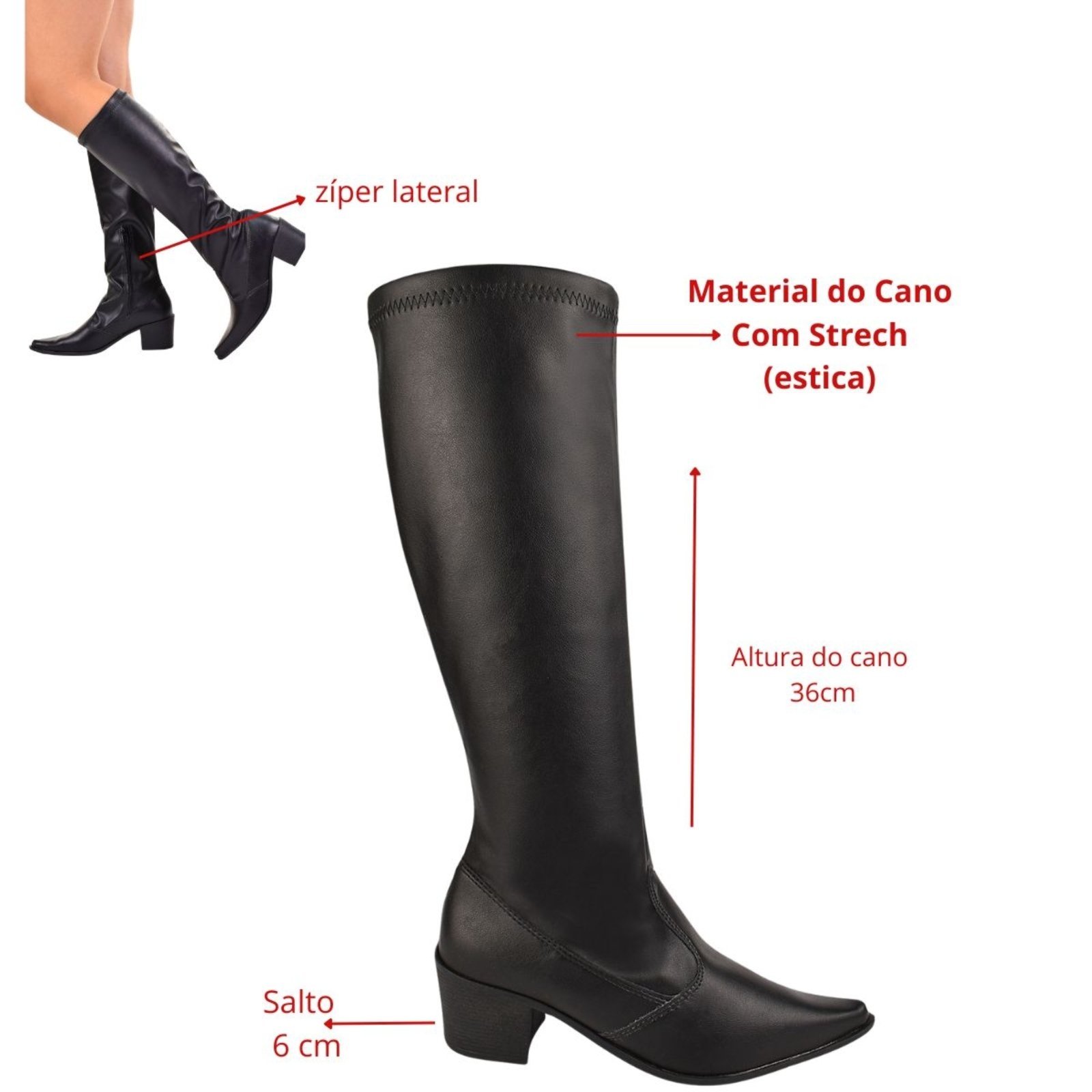 Vista 3 Bota Feminina Over Cano Alto Longo The Knee Confortável Moda ZATURE STORES preto ZATURE STORES preto