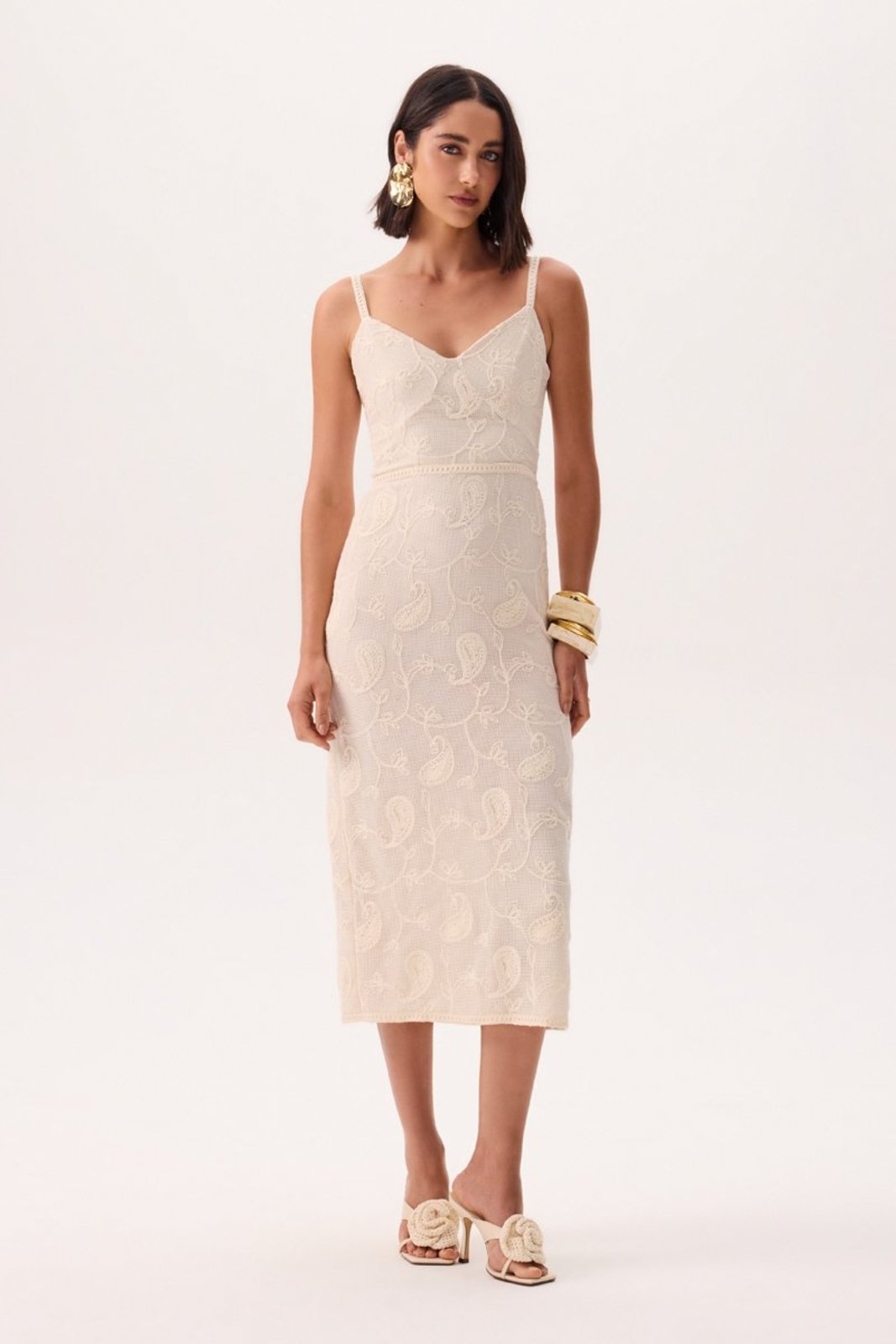 Vestido Feminino Maxi Flow Bordado Flor de Lis