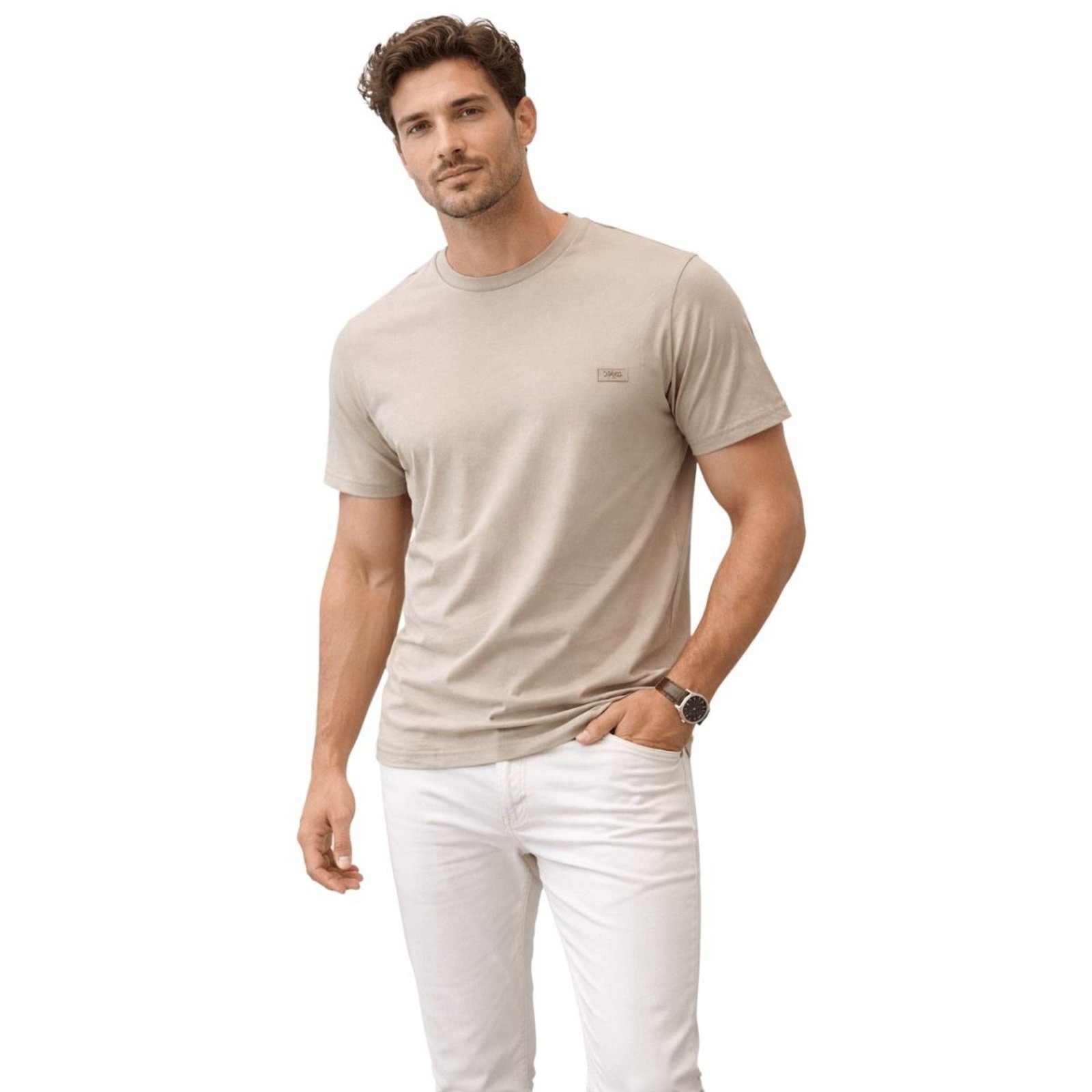 Camiseta Básica Manga Curta Masculina Fico 00976 Bege