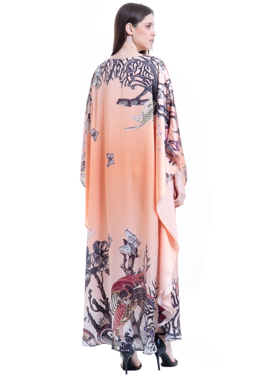 Vista 3 Vestido KAFTAN Longo Cetim Estampado EXCLUSIVO Fundo do Mar Coral 101 Resort Wear laranja coral 101 Resort Wear laranja coral