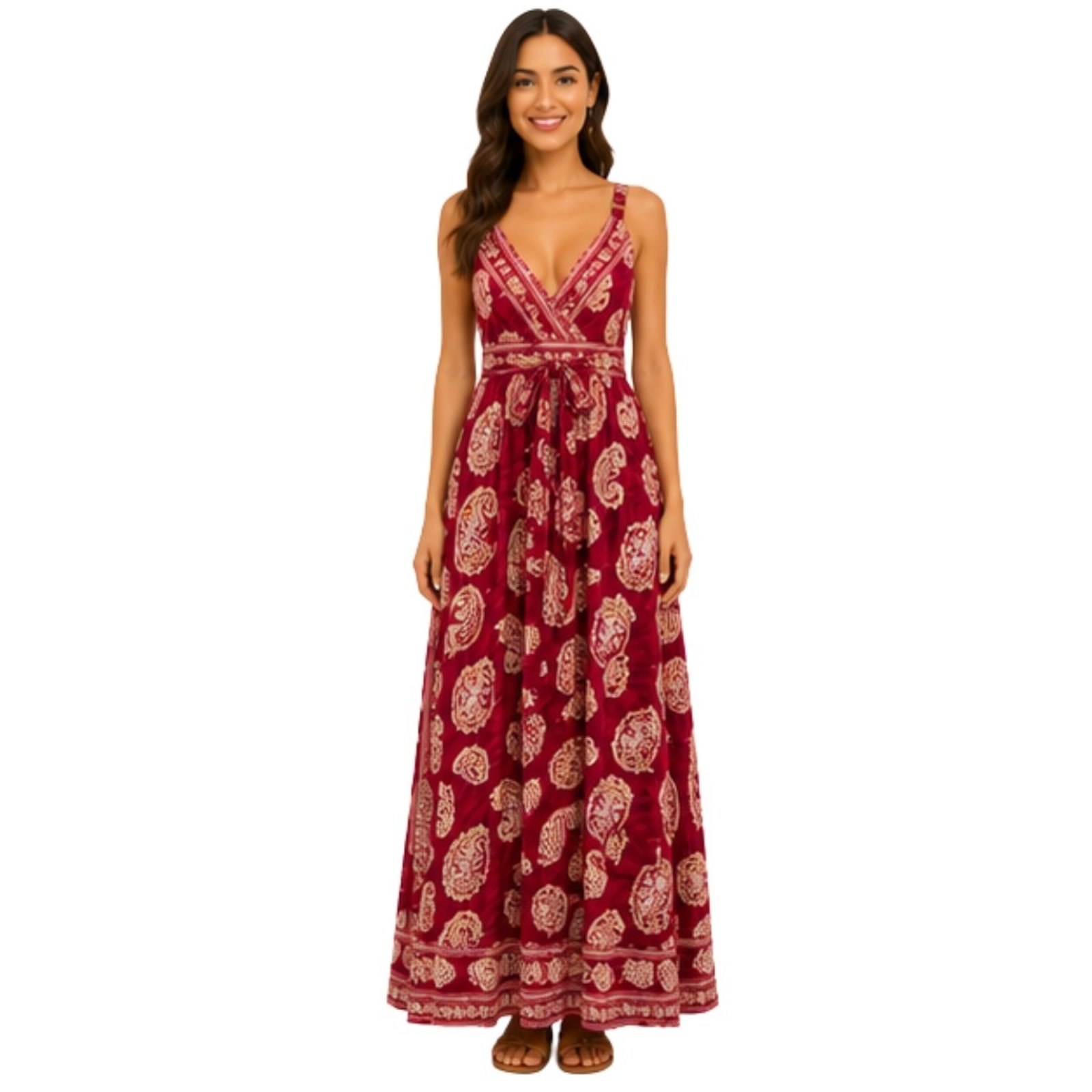Vestido Longo Feminino Estampado Decote V Alças Reguláveis Verão Casual Vermelho