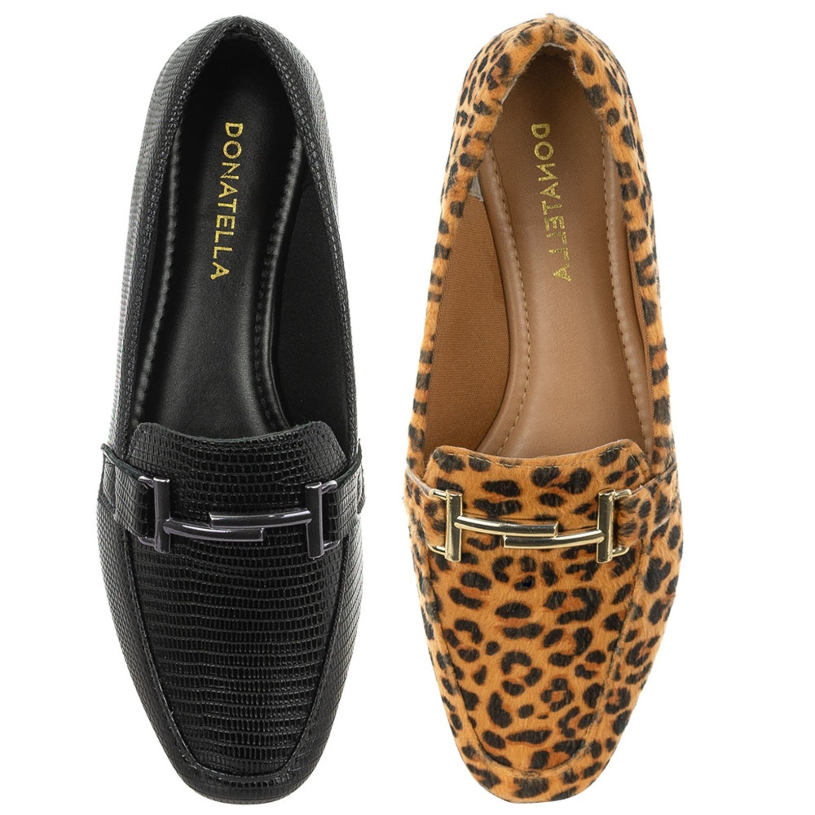 Kit 2 Pares Sapato Feminino Mocassim CM Calçados Bico Quadrado Confort Preto e Ouro Light