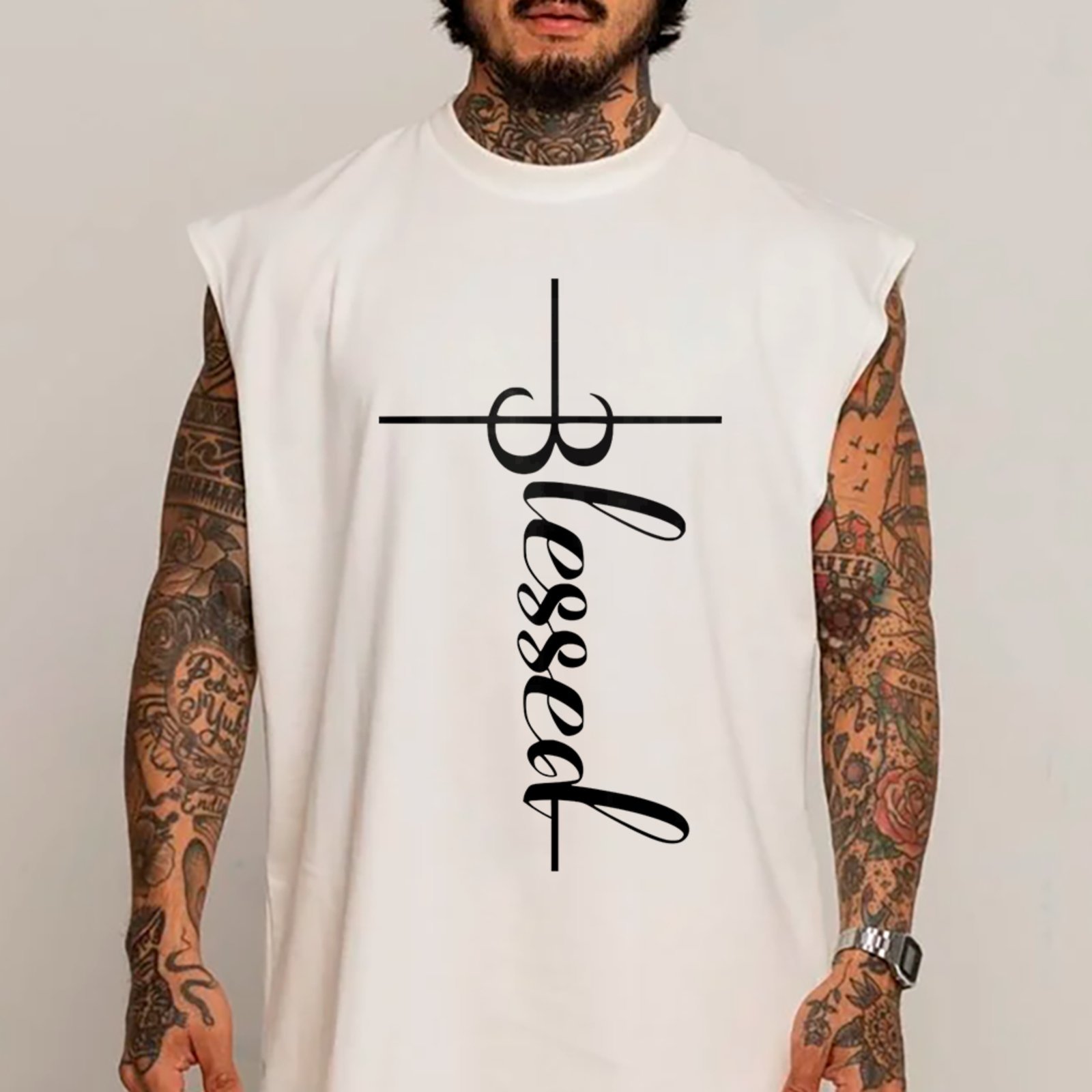 Camiseta Regata Machão Blessed Cruz Vertical Fé Cristã Branco