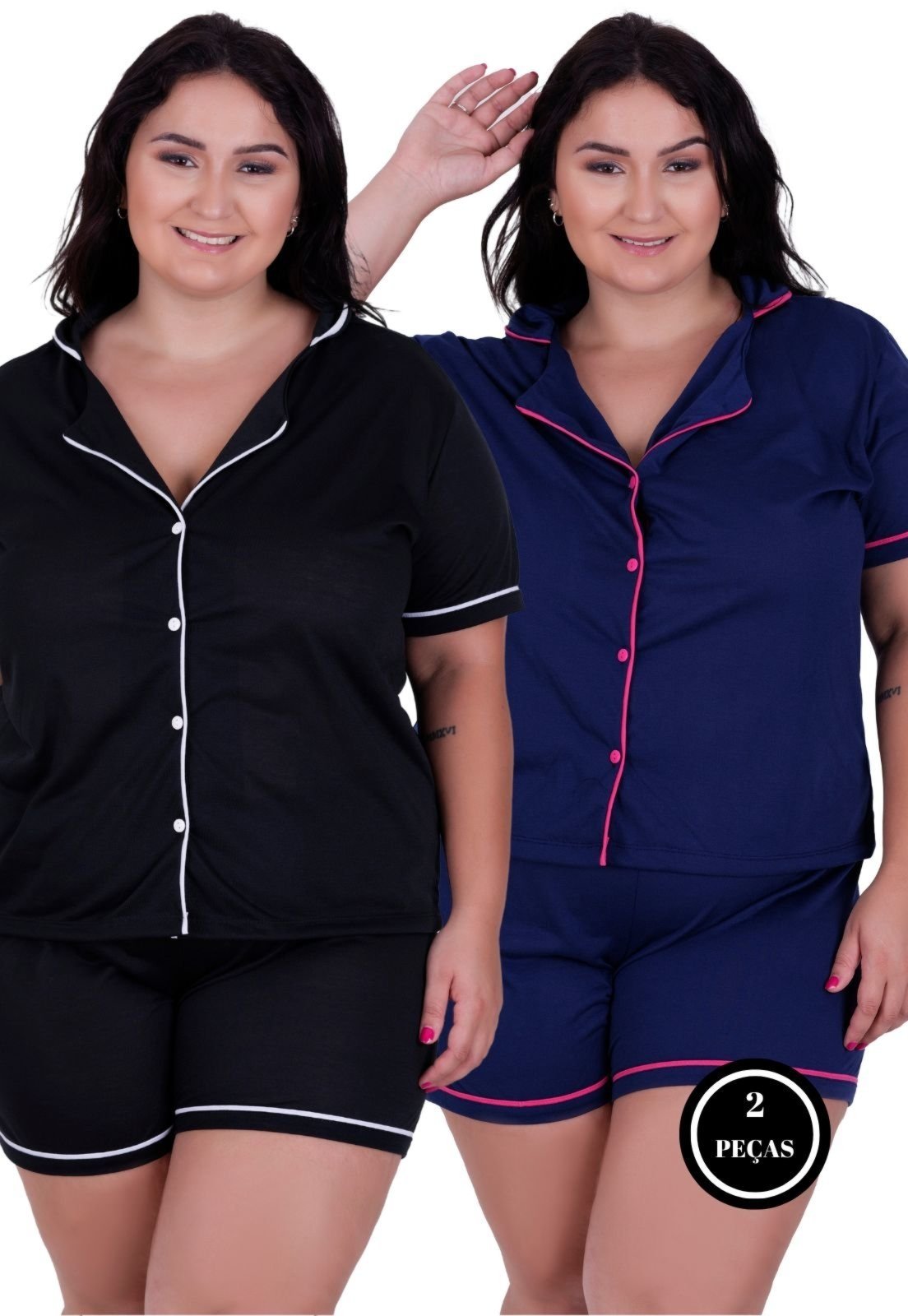 Kit 2 Pijama Americano Plus Size Blusa com Botões que Abrem e Short 50 52 54 56 Preto e Marinho
