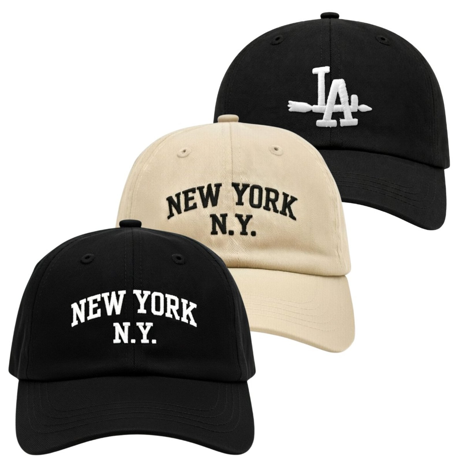 Kit 3 Bonés Bordado Aba Curva com Ajuste Relaxado Moderno NY LA Bordado