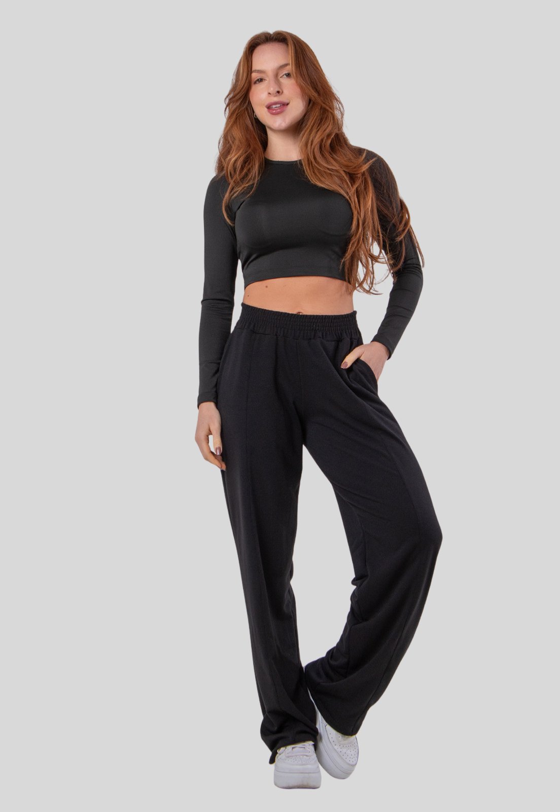 Calça Moletinho Feminina com Bolso Wide Leg Casual Inverno