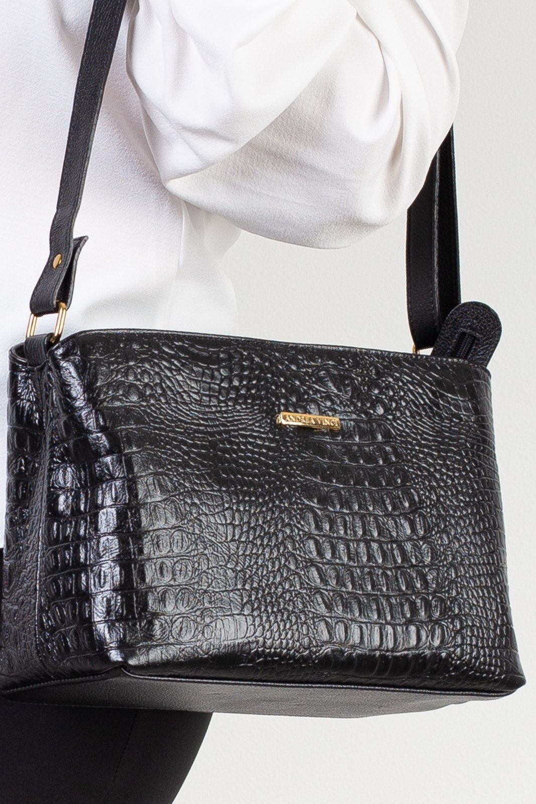 Bolsa de couro croco estruturada Evelyn - Preto