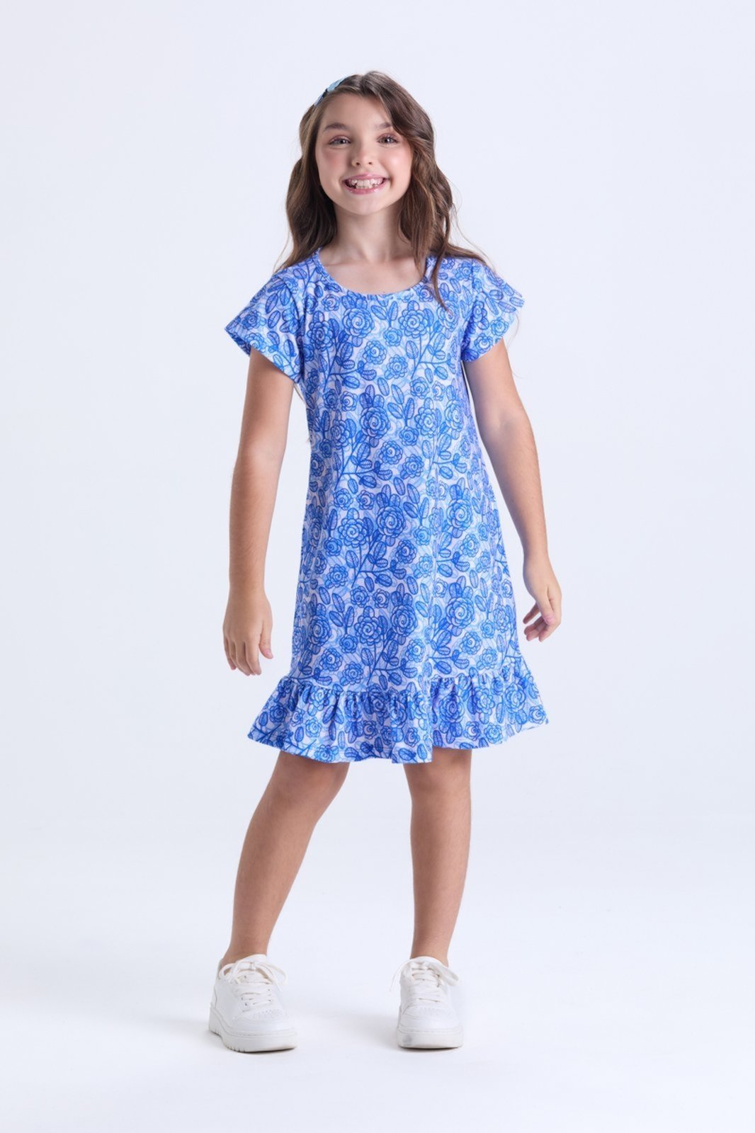 Infantil – Vestido Menina Estampa de Flores e Babados