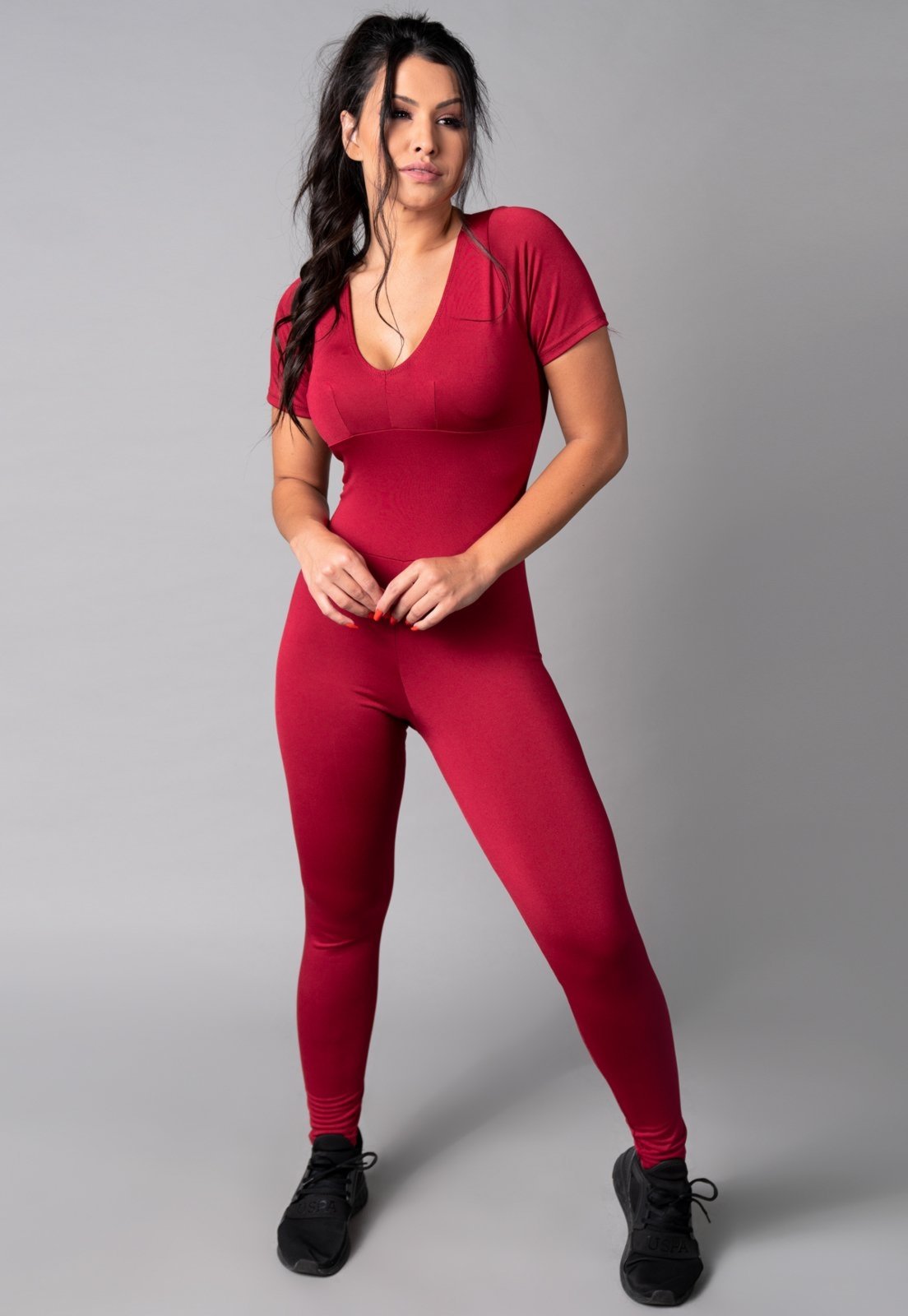Macacão MVB Modas Longo Feminino Manga Curta Fitness Suplex Vinho