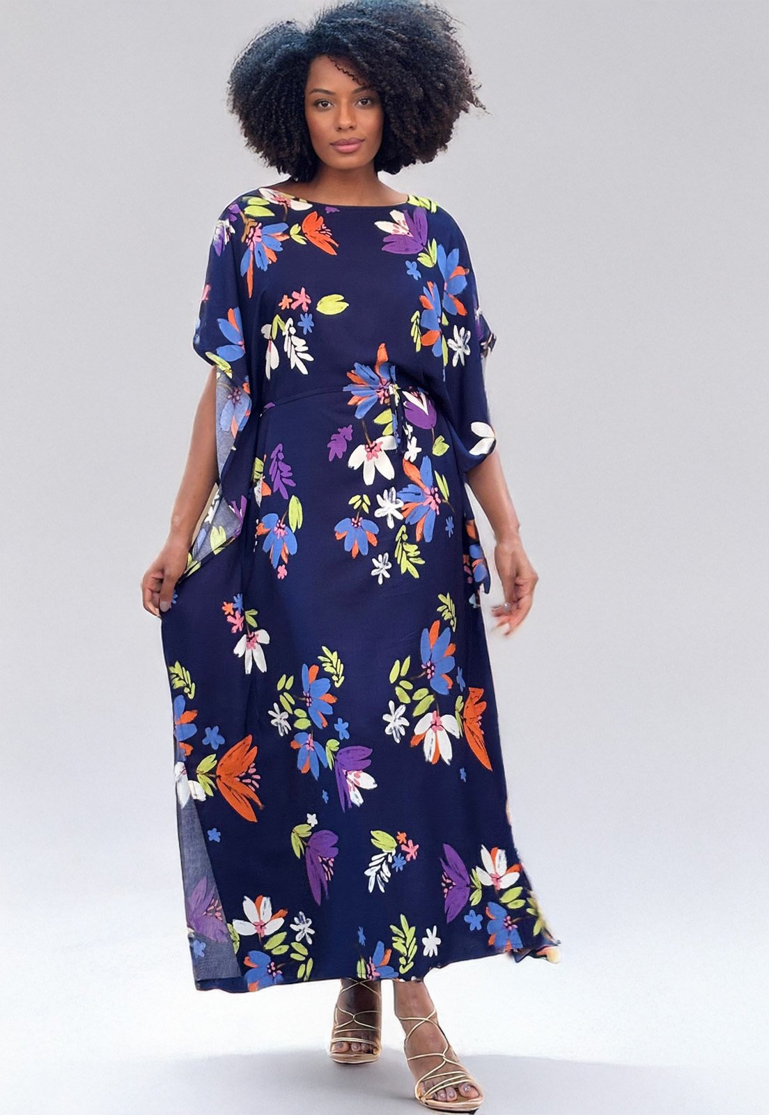 Vestido Amazonia Vital Kaftan Viscose Longo Estampa Festa das Flores Azul