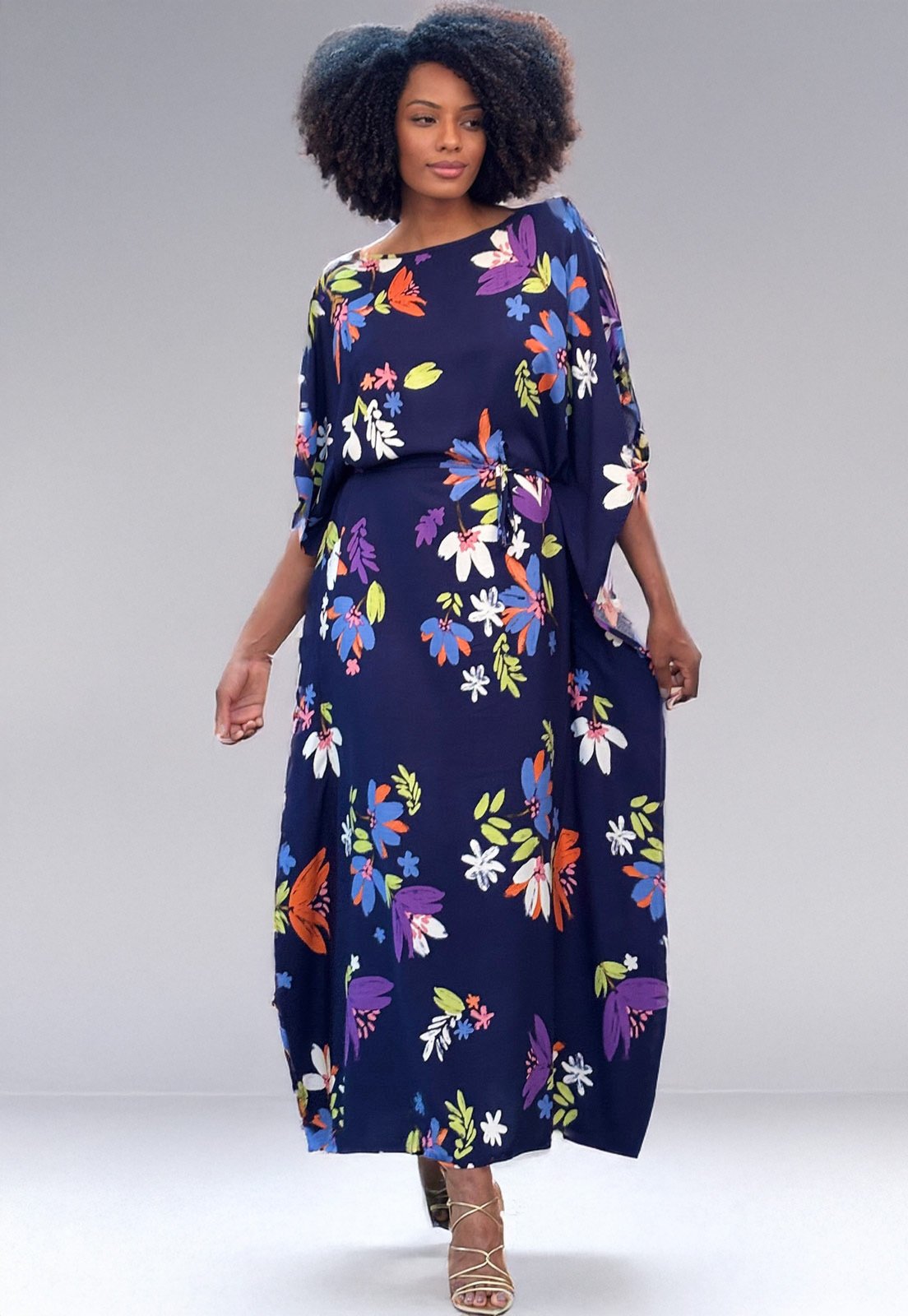 Vista 3 Vestido Amazonia Vital Kaftan Viscose Longo Estampa Festa das Flores Amazonia Vital azul/estampado azul