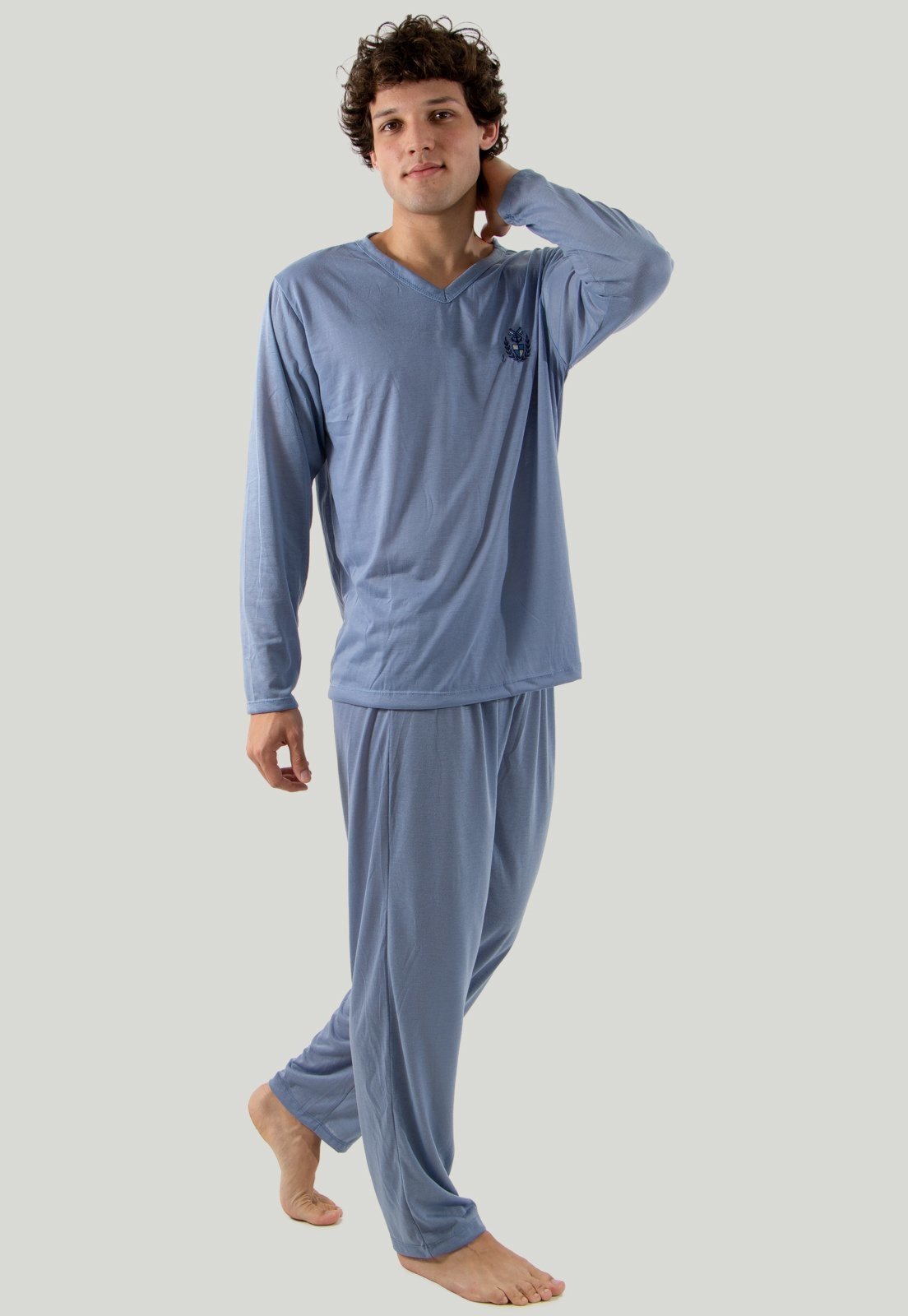 Pijama Masculino Longo Inverno de Malha Azul