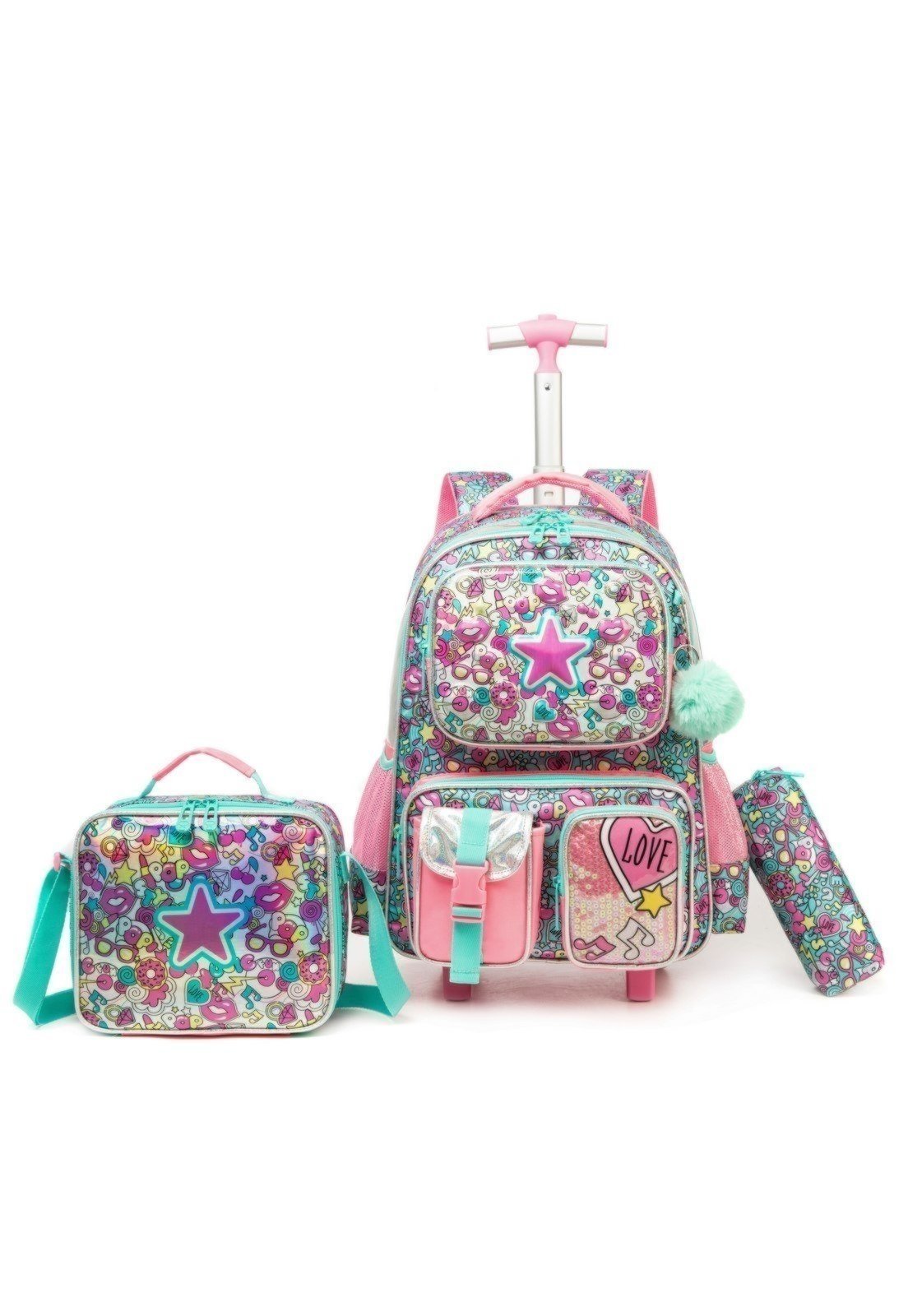 Vista 2 Infantil - Kit Mochila Carrinho Lequeen Escolar Lancheira Estojo estampado Lequeen estampado