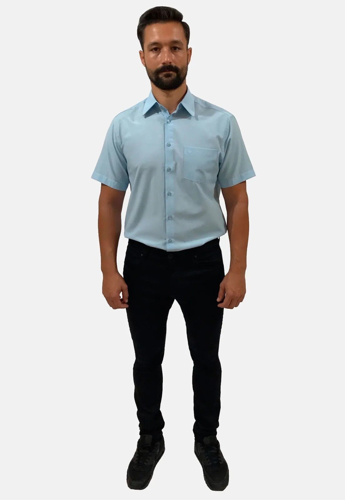 Camisa Social Olimpo Lisa com Bolso Manga Curta Azul Claro