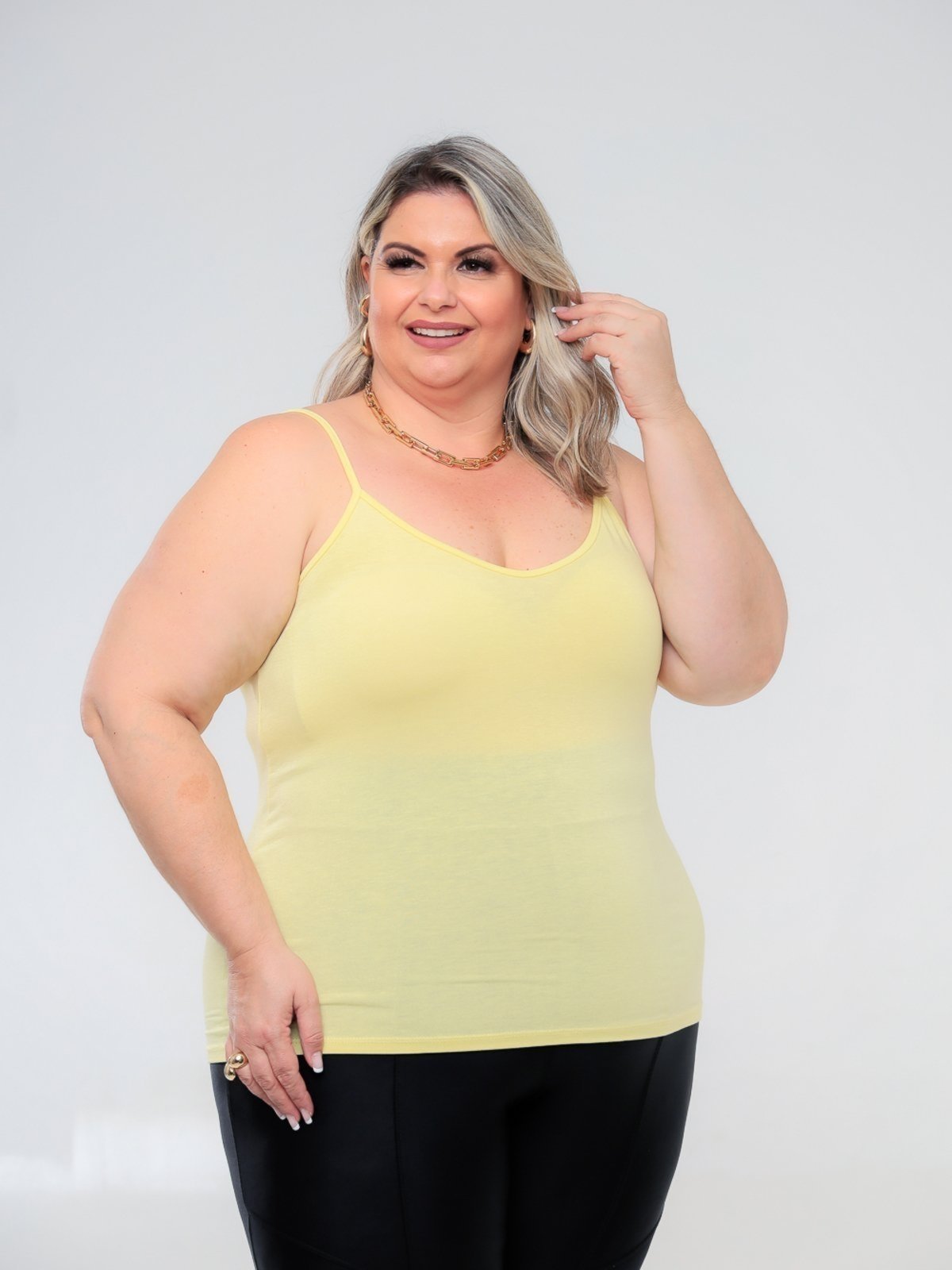 Regata Plus Size Feminina Basica Alcinha Fina Leve Estilo Casual GARAIS MODA Verão Amarelo