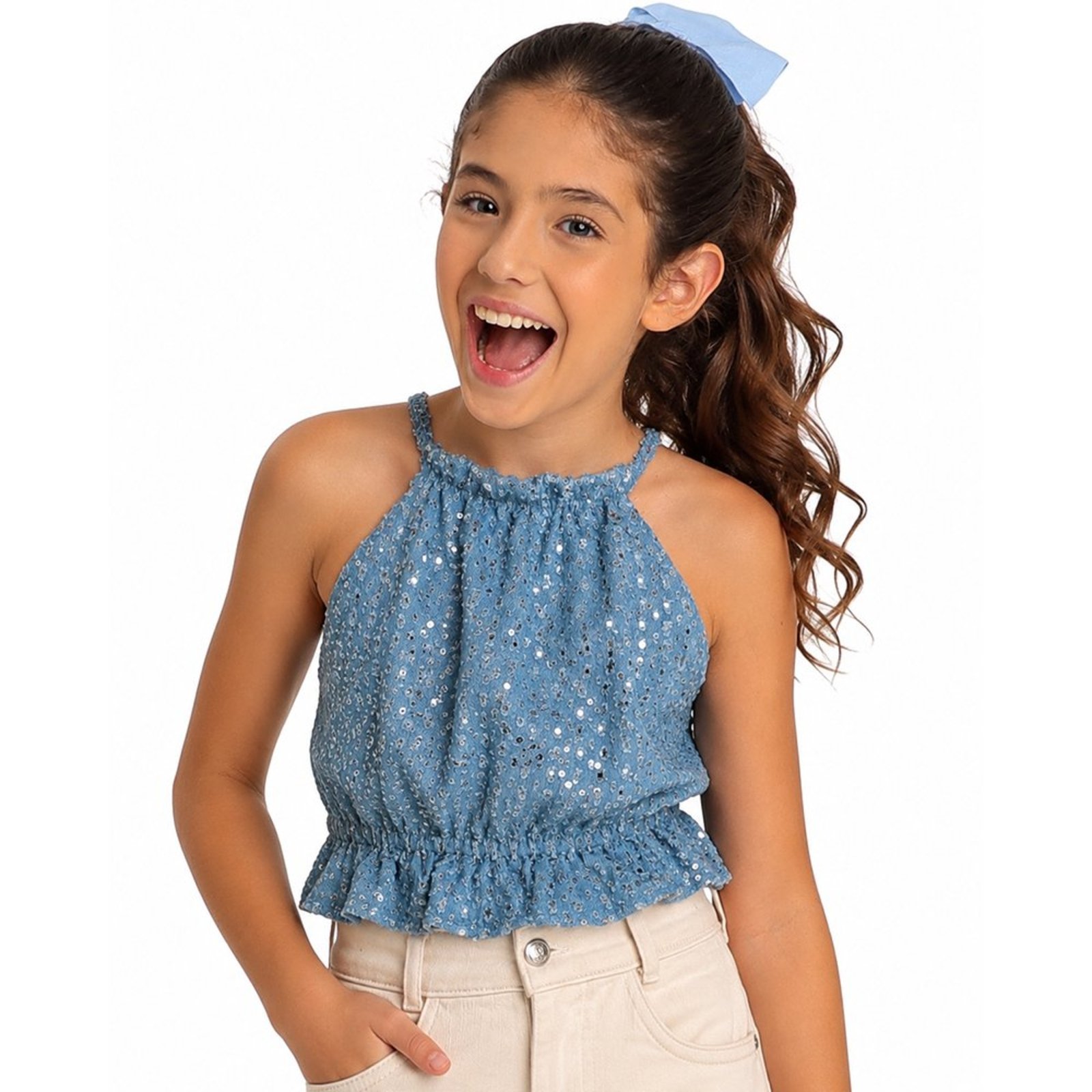Infantil - Blusinha Juvenil Look Jeans Fake Jeans Paetê Azul