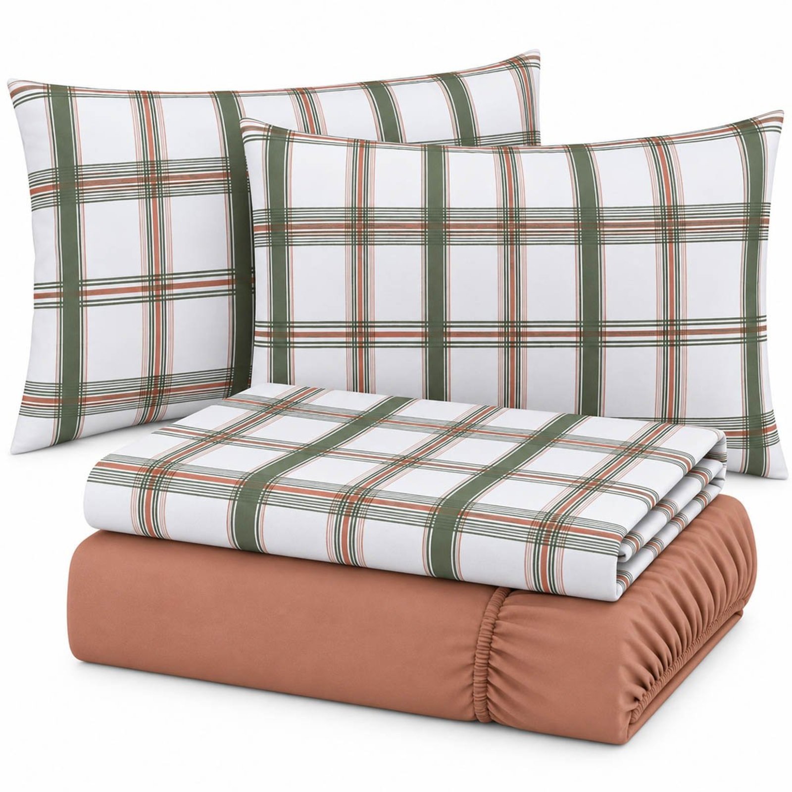 Jogo de Cama Lençol Casal Malha Soft 100% Algodão Fio Penteado Estampado Toque Macio 4 Peças Xadrez Caramelo