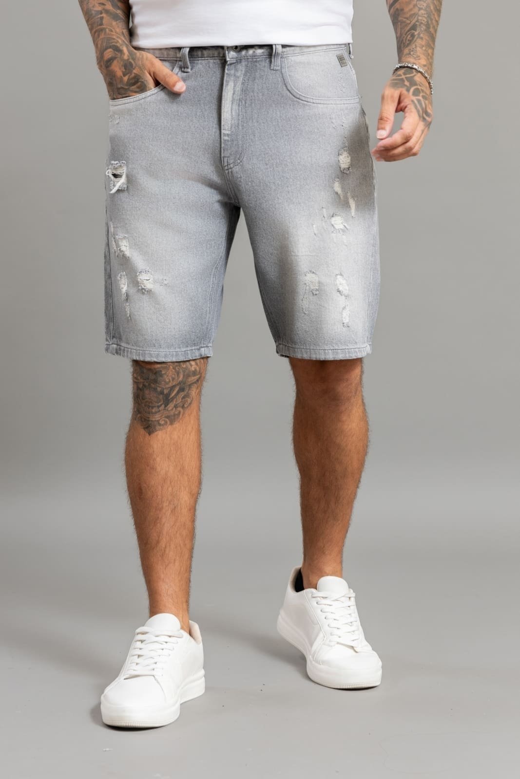 Bermuda Jeans Masculina Slim Destroyed Cinza Dialogo