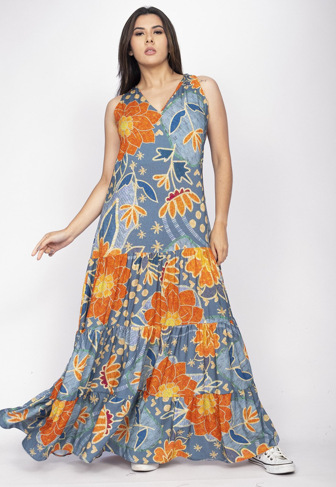 Vista 2 Vestido Aurora Longo Amazonia Vital Viscose Maré Amazonia Vital azul/estampado/floral