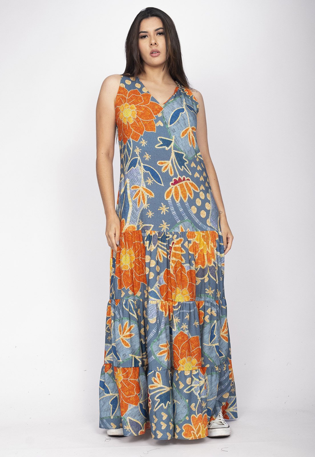 Vista 3 Vestido Aurora Longo Amazonia Vital Viscose Maré Amazonia Vital azul/estampado/floral