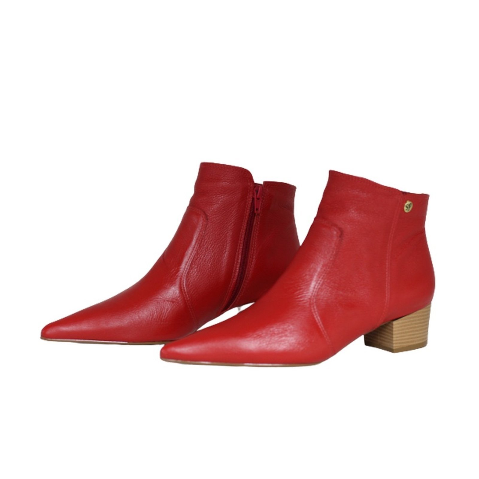 Bota Feminina Bico Fino Cano Curto Couro Salto 4 CM Vermelho Spinelli
