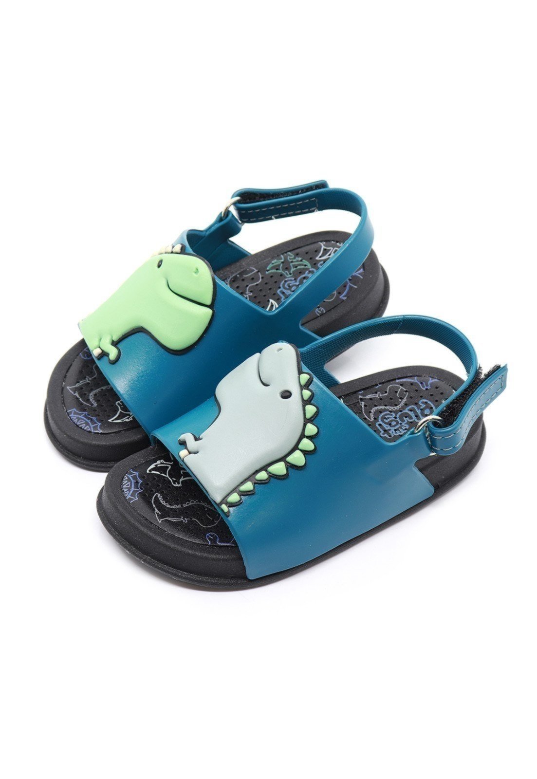 Infantil - Sandália Papete Plugt Menino Dinossauro Preto Azul Petróleo